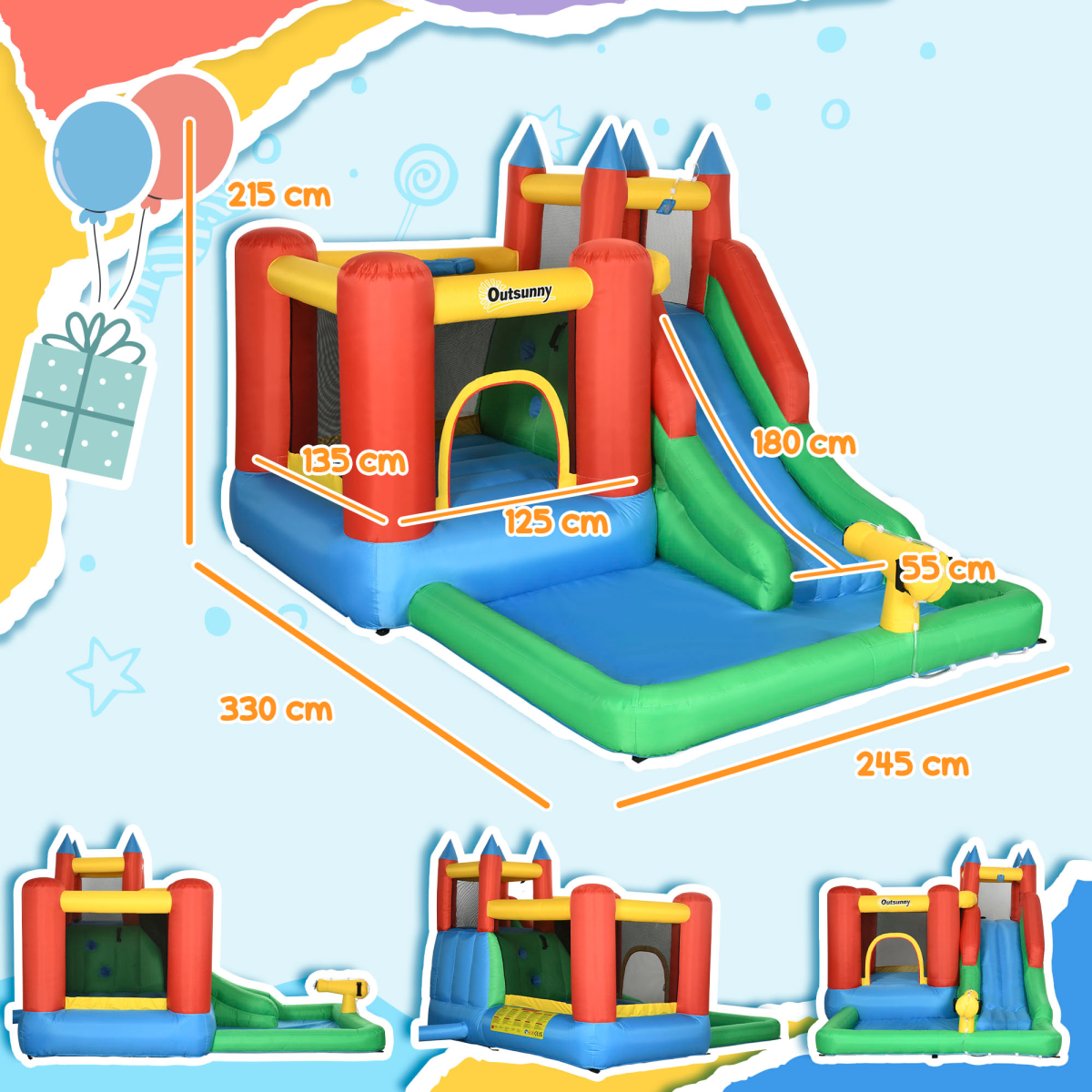 Outsunny Kids Bouncy Castle with Slide, Water Pool, Climbing Wall, Trampoline, Basket, Water Gun and Electric Blower