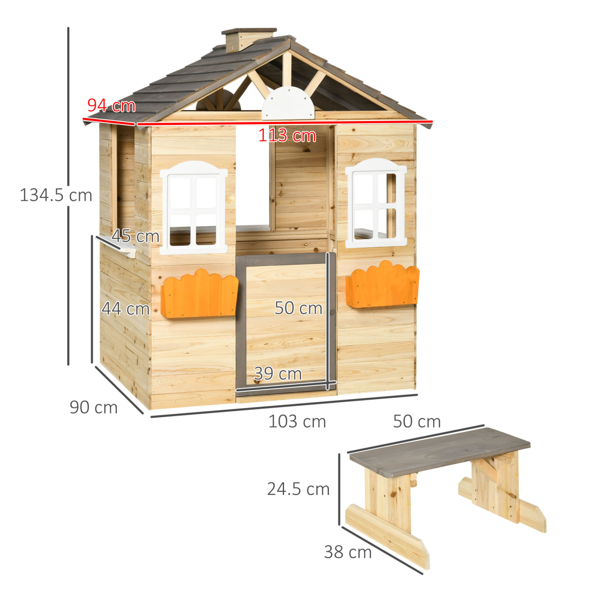 Outsunny Wooden Kids Outdoor Playhouse with Door, 2 Windows, Bench, Windowsill and Flowerpot Holders, Ages 3-7 Years