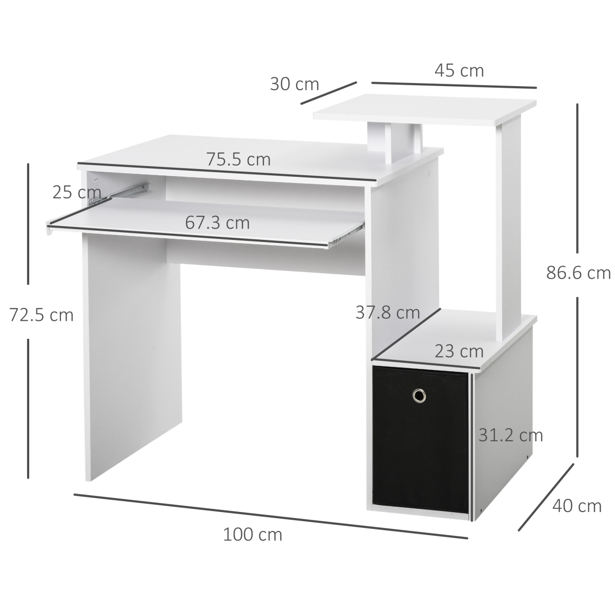 HOMCOM White Computer Desk with Sliding Keyboard Tray, Storage Drawer and Shelf