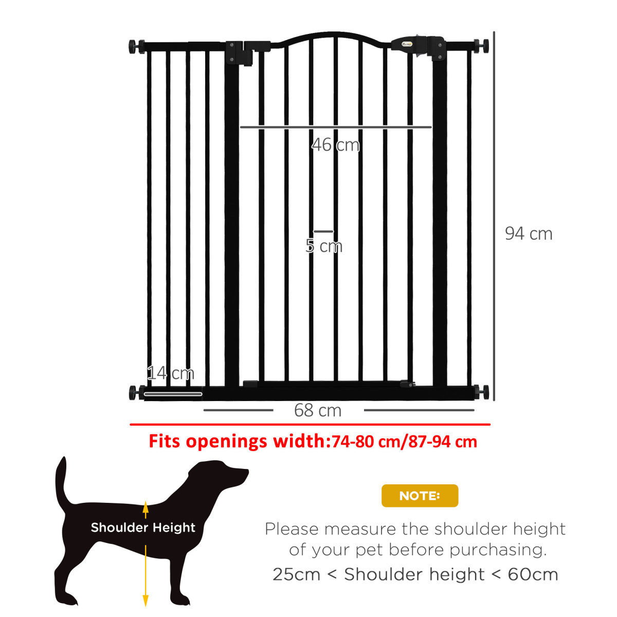 PawHut Adjustable 74-94cm Metal Pet Gate with Auto-Close Door White