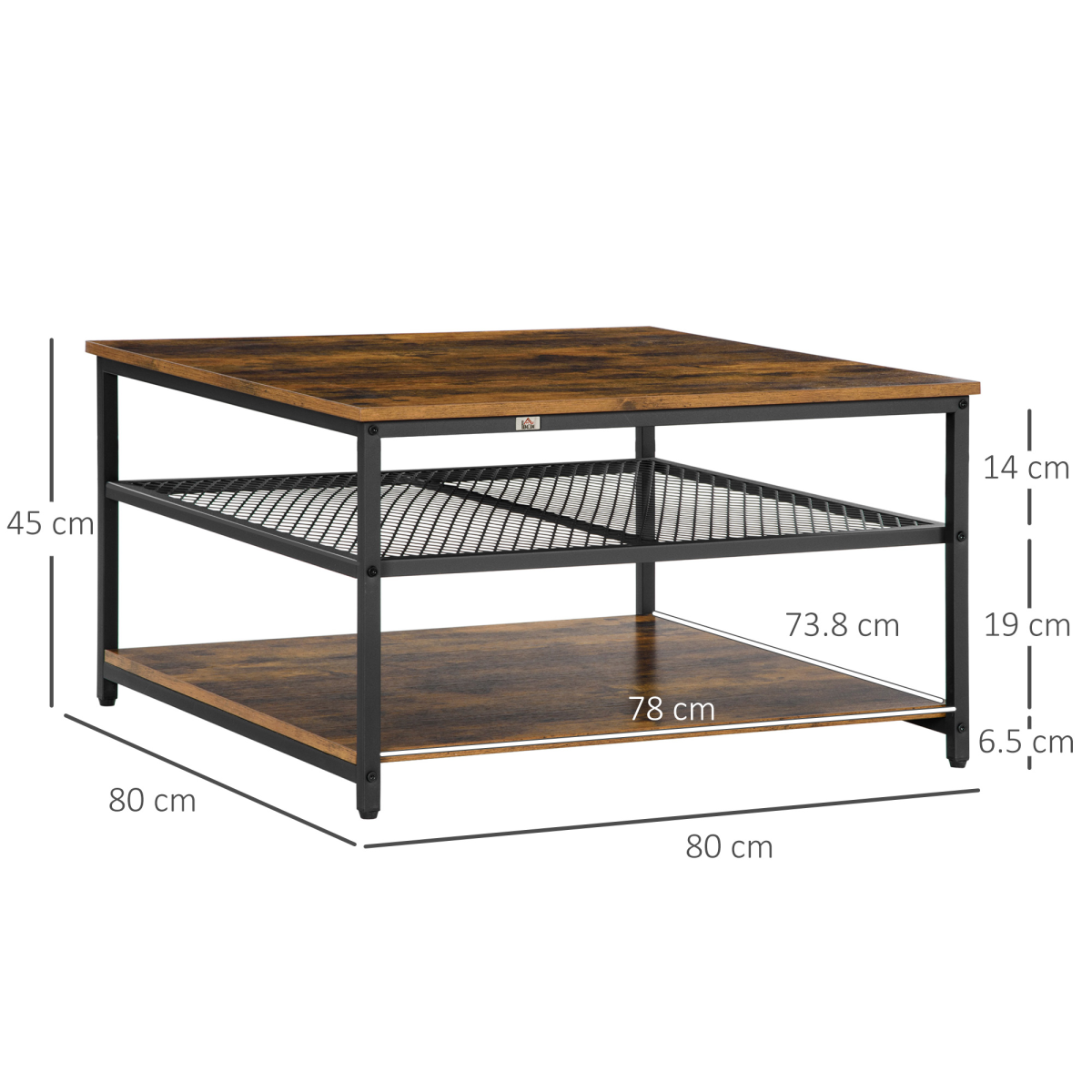 Industrial Coffee Table with 3-Tier Storage Shelves, Rustic Brown, Black Steel Frame, 80 x 80 x 45 cm