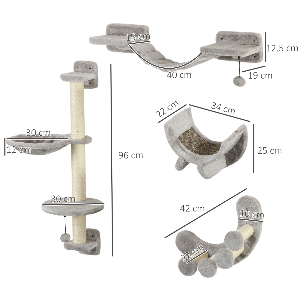 PawHut 4-Piece Wall-Mounted Cat Furniture Set with Hammock, Grey