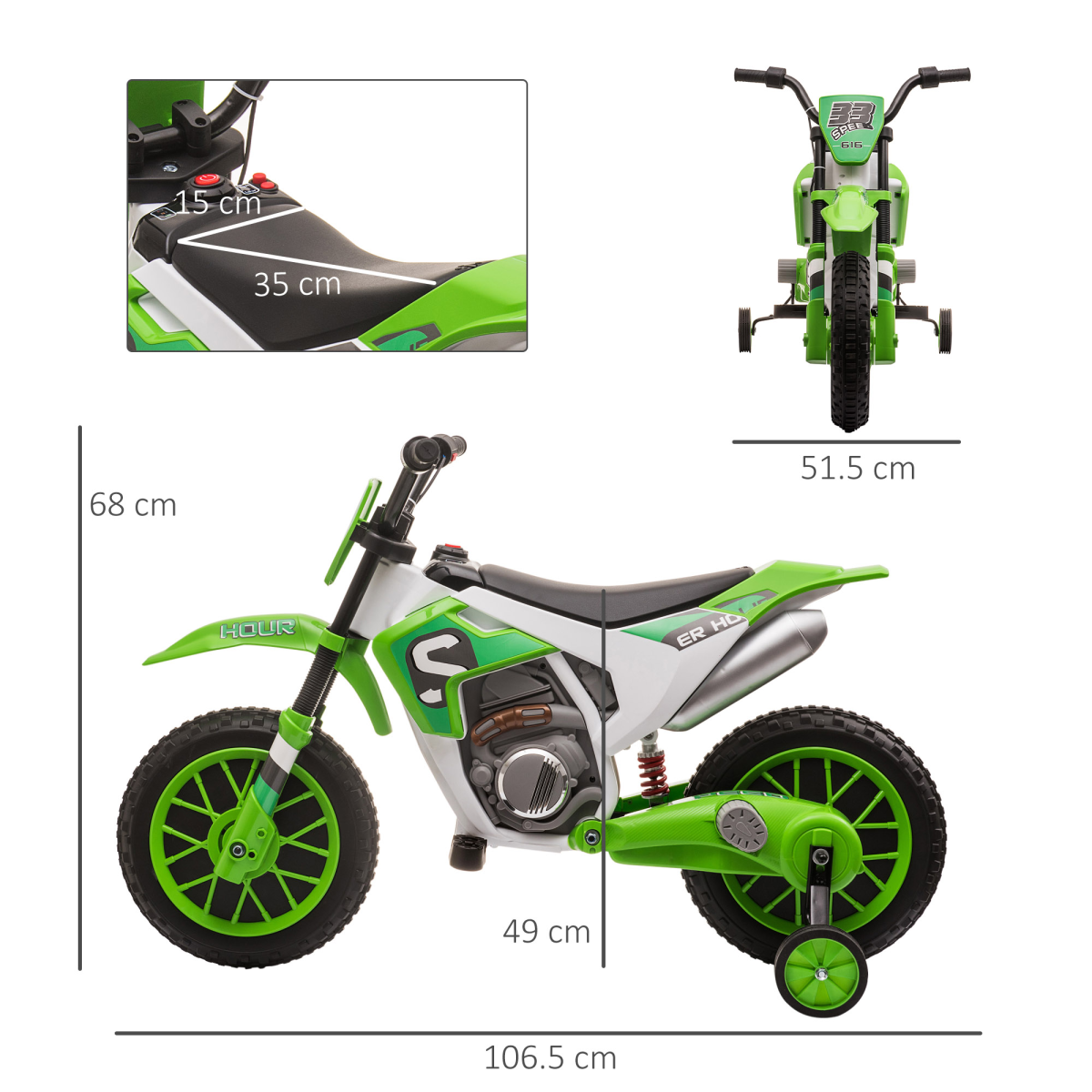 HOMCOM 12V Kids Electric Motorbike Ride-On Motorcycle with Training Wheels, 2 Speeds, Green