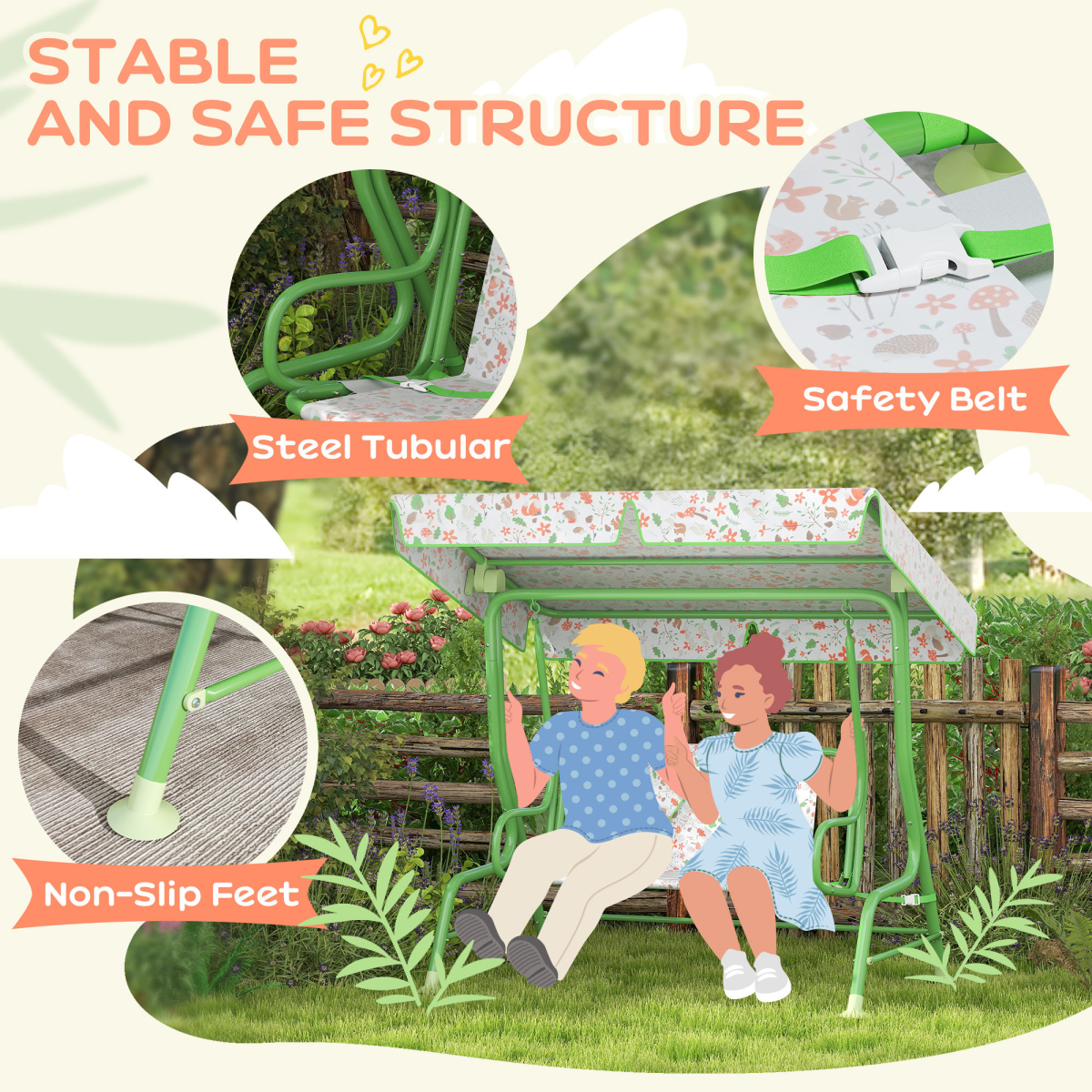 Kids Fox Pattern Swing Seat with Adjustable Canopy