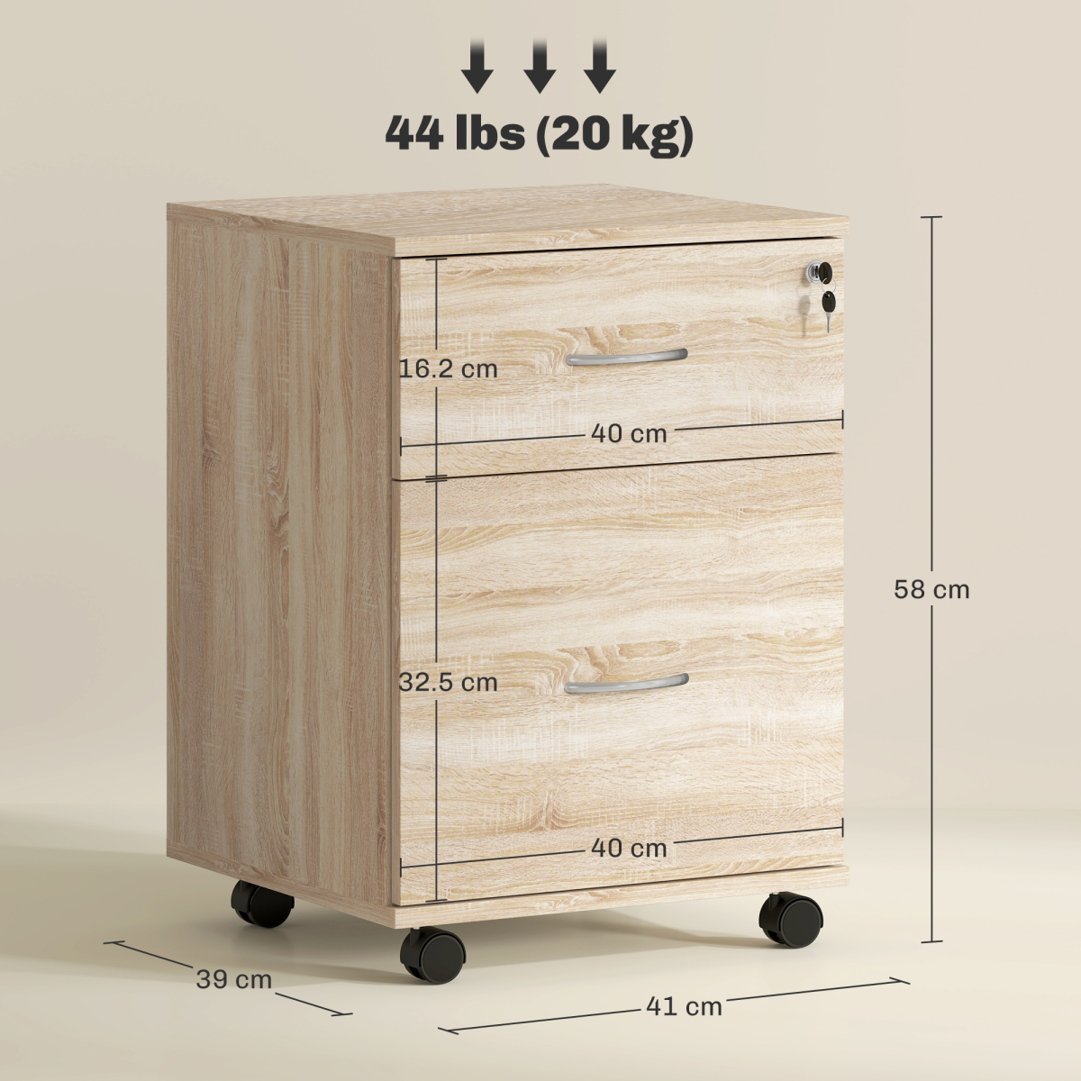 HOMCOM 2-Drawer Mobile Filing Cabinet with Lock, Oak Wood Grain