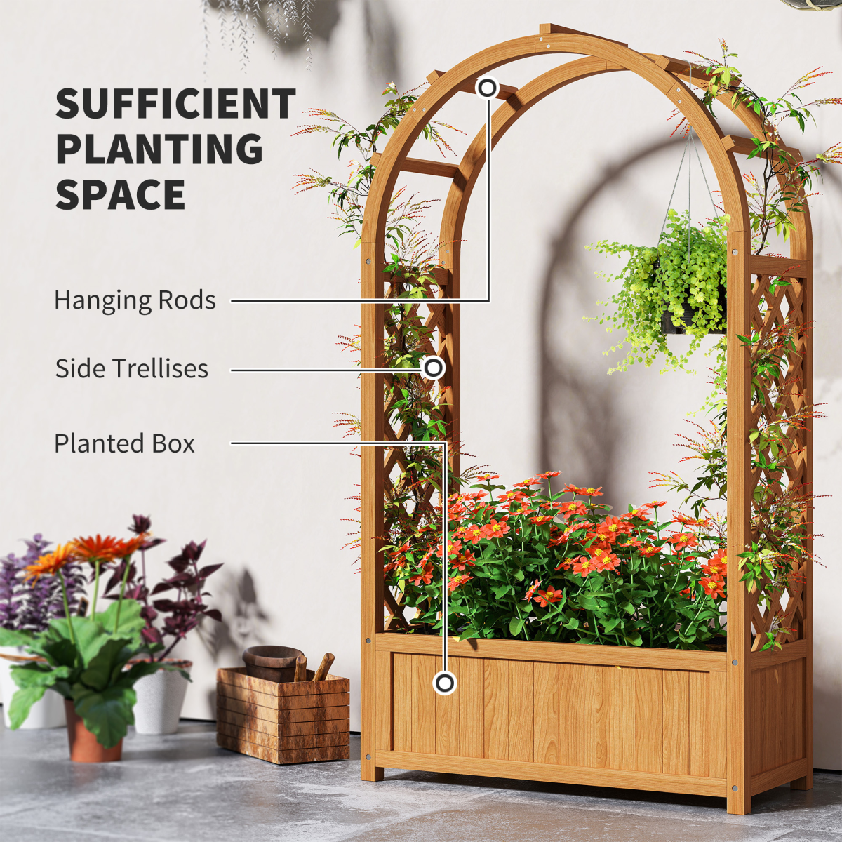 Outsunny Wooden Raised Garden Bed with Trellis & Fabric Liner