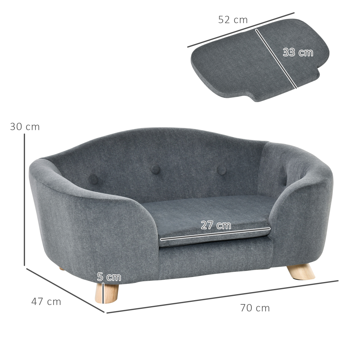 Grey Pet Sofa Dog Couch for Small Dogs, Short Plush, 70 x 47 x 30 cm