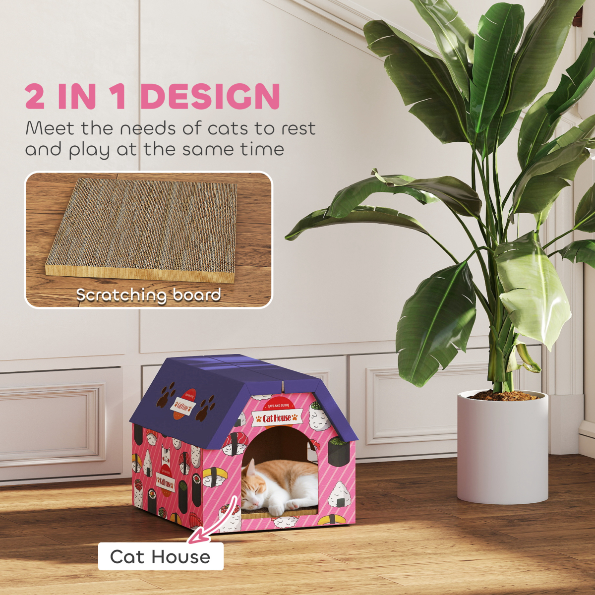 PawHut 2-in-1 Cat House & Scratcher with Cat Grass, Pink