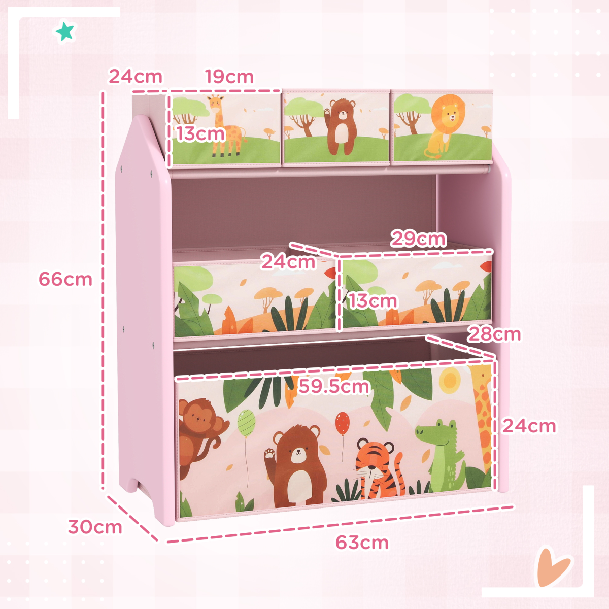 AIYAPLAY Kids 3-Tier Toy Storage Unit with 6 Removable Boxes, Pink