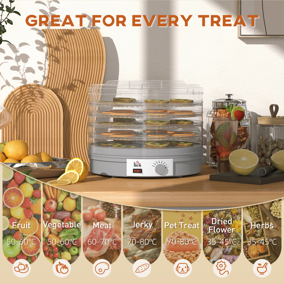 HOMCOM 5-Tier Food Dehydrator, Adjustable 35-70°C, Grey