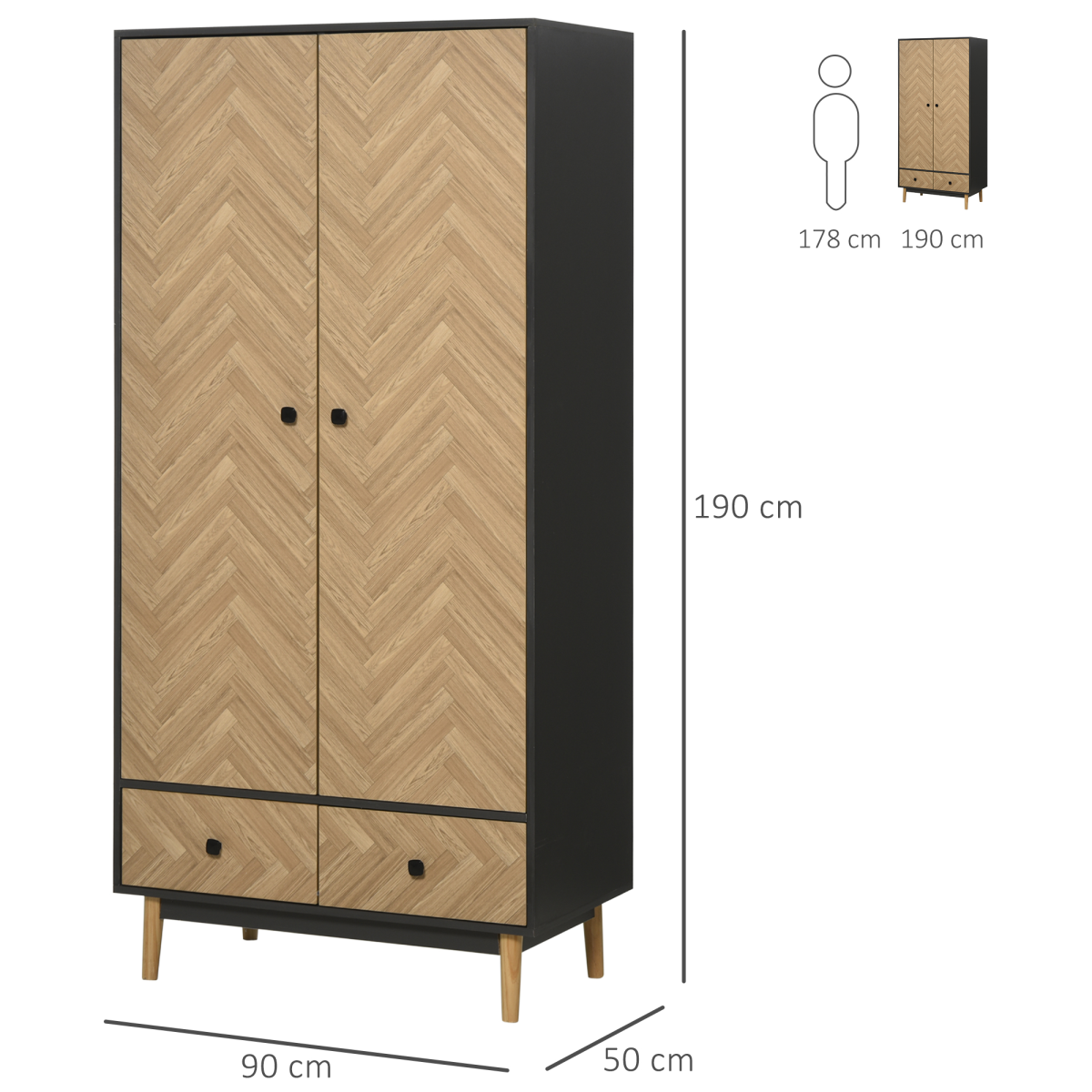 HOMCOM Wardrobe Cabinet with 2 Hanging Rods, 2 Shelves and 2 Drawers, Wood Grain Grey/Oak, 90x50x190cm