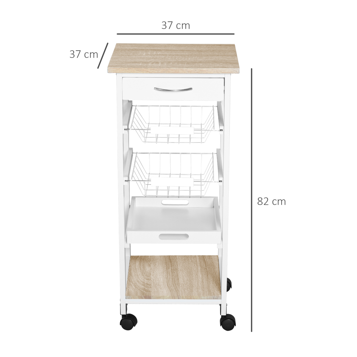HOMCOM 5-Tier Kitchen Storage Trolley with Drawer, Wire Baskets, Pull-Out Tray and Bottom Shelf, White