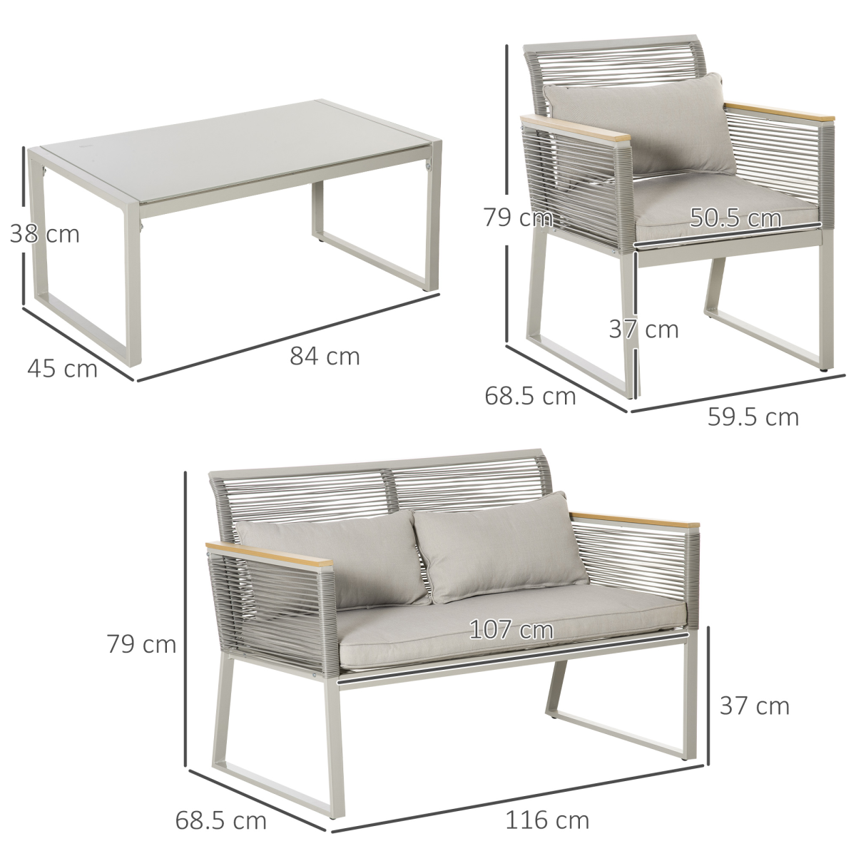 Outsunny 4-Piece Patio Rattan Sofa Set with 2 Chairs, Loveseat and Coffee Table, Steel Frame, PE Rattan, Tempered Glass, Grey