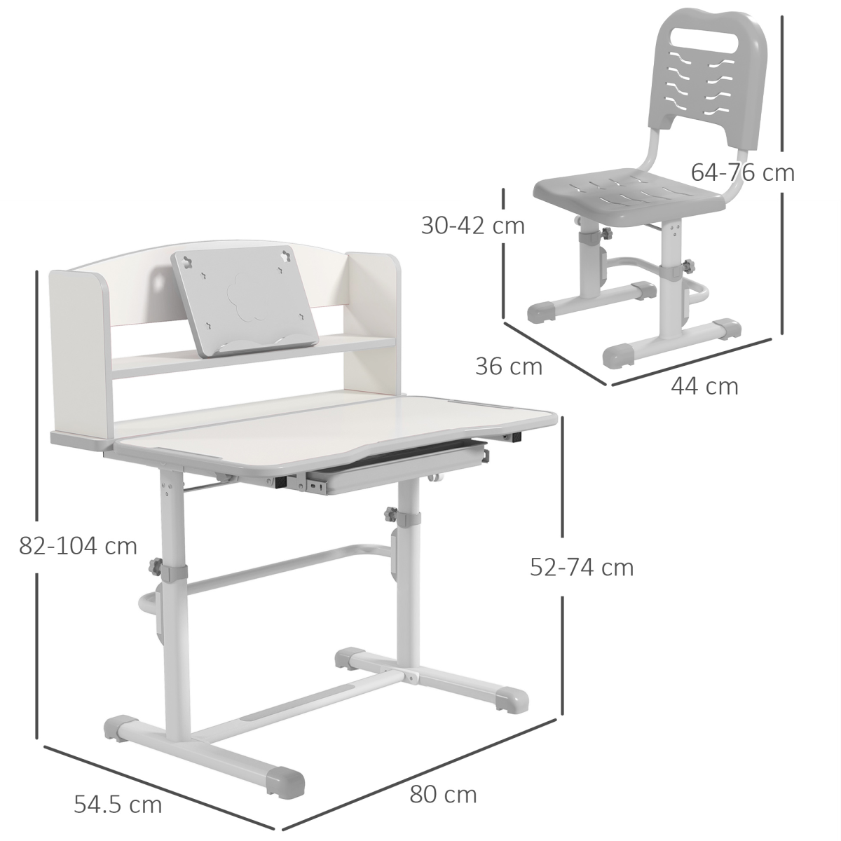 ZONEKIZ Adjustable Kids Desk and Chair Set with Drawer & Bookshelf, Grey