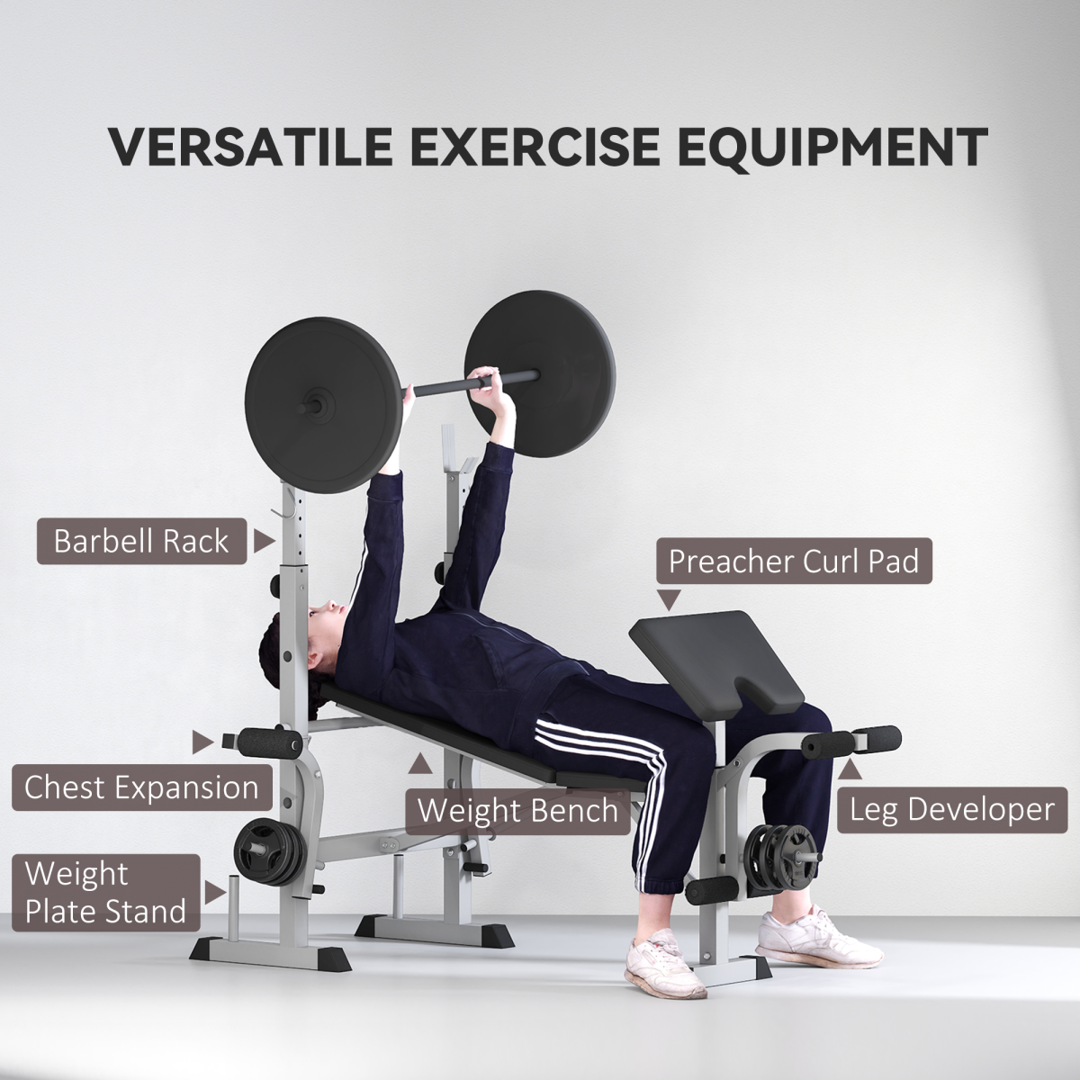 HOMCOM Adjustable Weight Bench with Squat Rack & Leg Developer, Grey