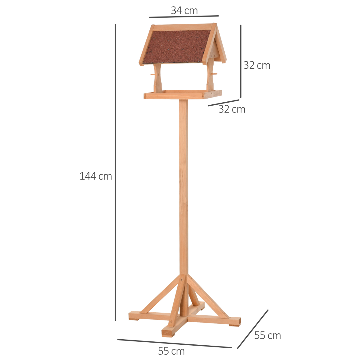 Pawhut Wooden Freestanding Bird Feeder Platform with Cross-Shaped Support Feet, Sturdy Fir Wood Frame, Non-Toxic Painted Finish, Sloped Asphalt Top