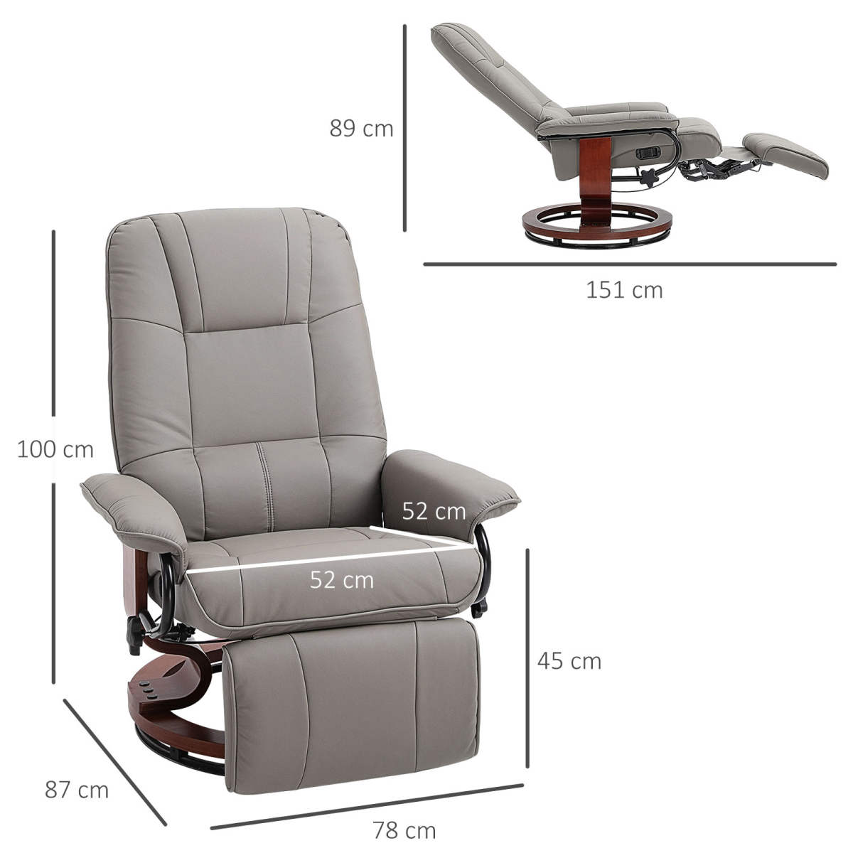 Grey PU Leather Recliner Armchair with Footrest and Wooden Base