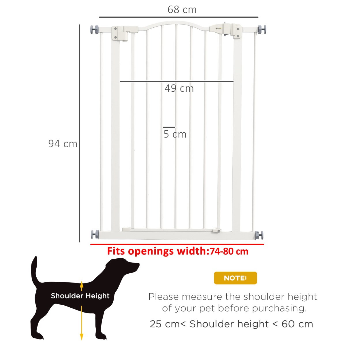 PawHut Adjustable Metal Pet Gate Safety Barrier with Auto-Close Door, 74-80cm, White