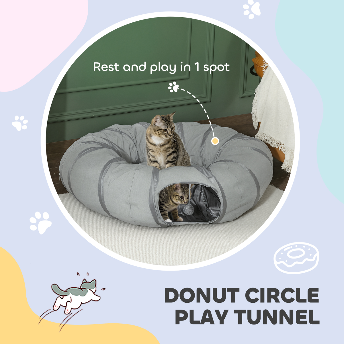 PawHut 2-in-1 Cat Tunnel Bed, Grey, Indoor Play Tunnel for Cats