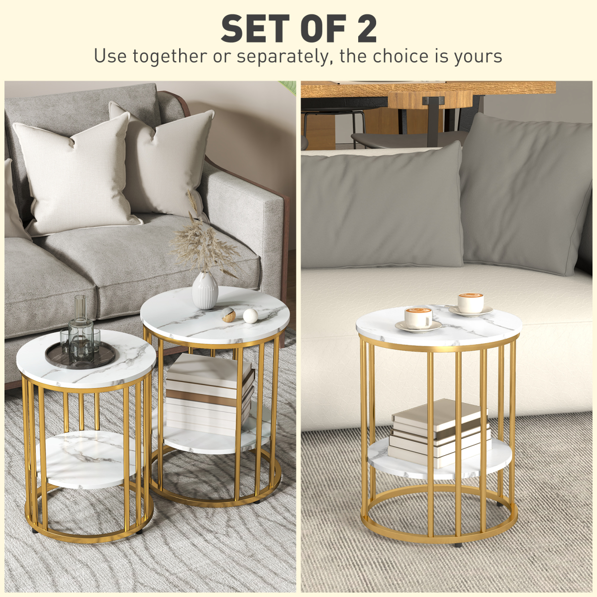 Set of 2 Marble-Effect Tables with Gold Tone Legs for Home & Office