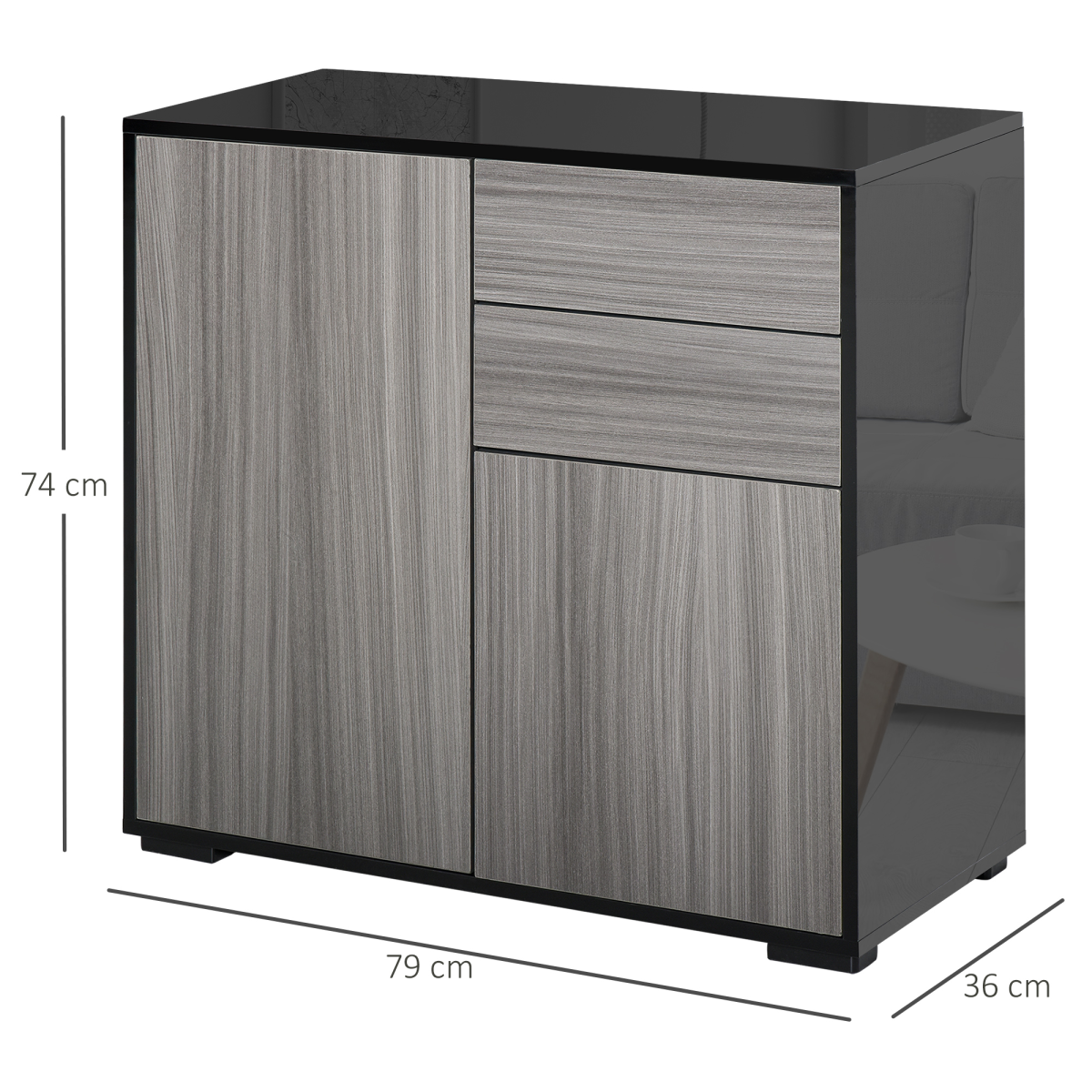 Side Cabinet with 2 Doors and 2 Drawers for Home Office, Grey and Black