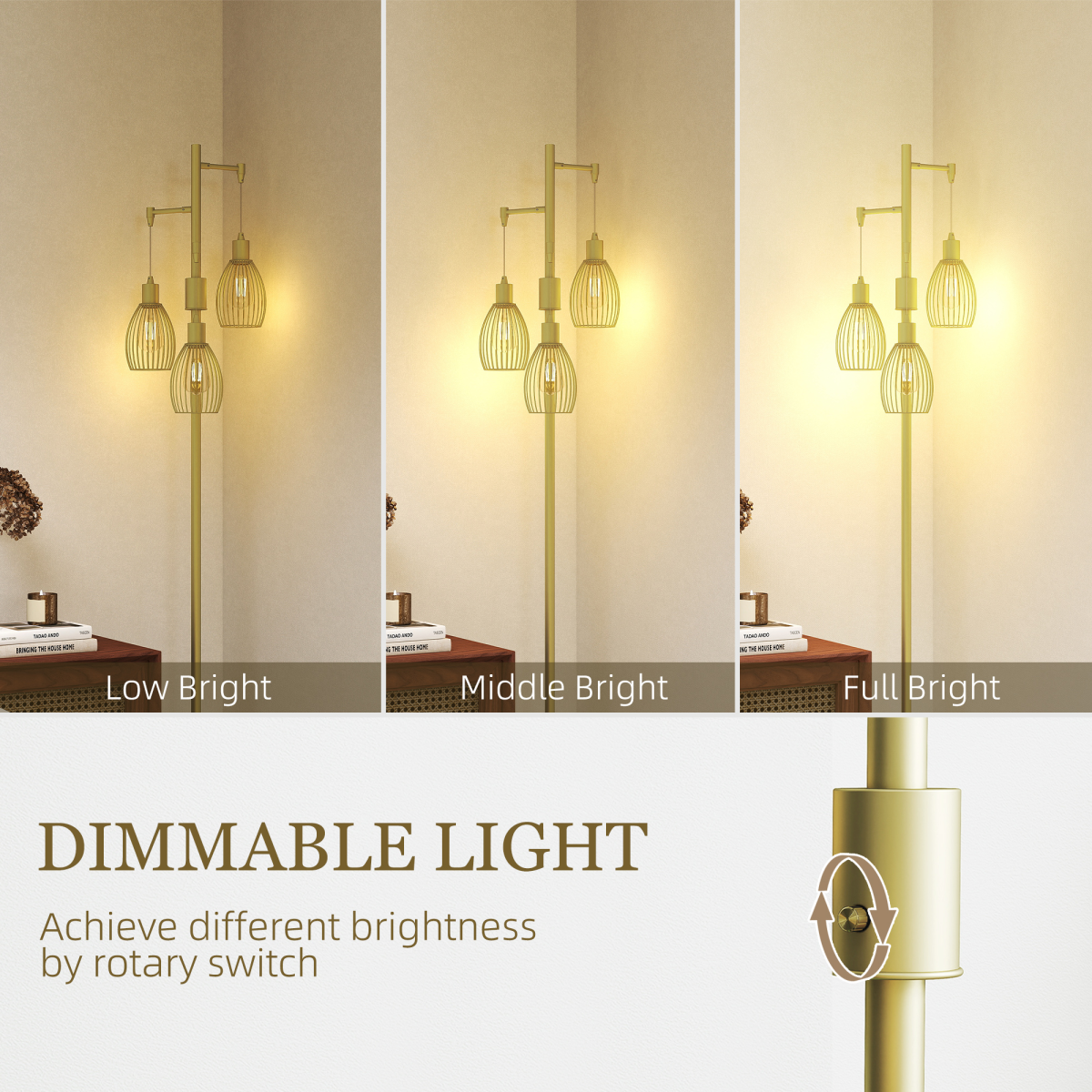 HOMCOM Industrial 3-Light Dimmable Floor Lamp, Gold