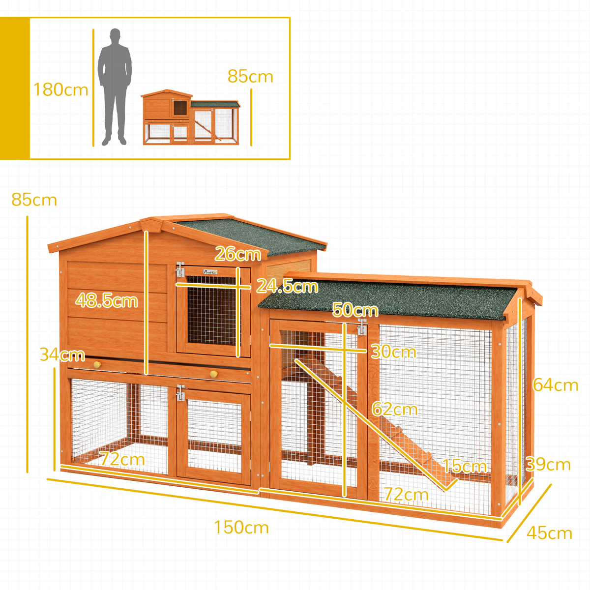 PawHut Wooden Rabbit Hutch with Run, Ramp and Slide-Out Tray