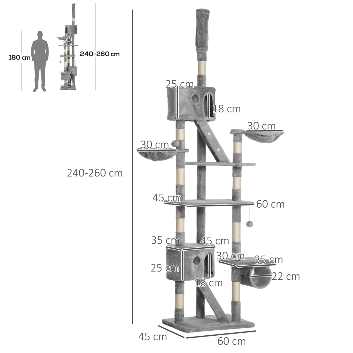 PawHut Adjustable 240-260cm Floor to Ceiling Cat Tree with 2 Cat Houses, 2 Ramps, 2 Hammocks, Tunnel, Toy Balls and Scratching Posts