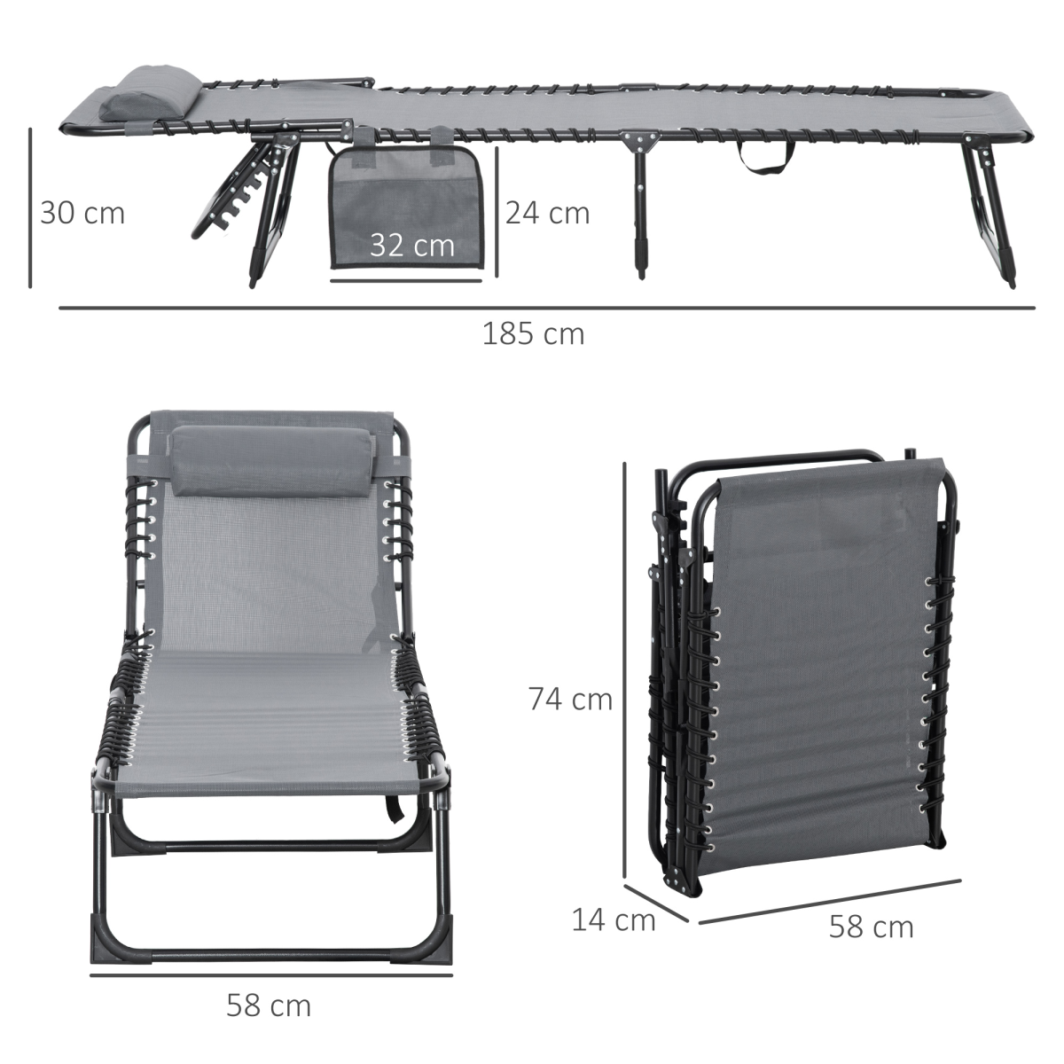 Outsunny Portable Sun Lounger Reclining Lounge Chair, 5-Position Adjustable Backrest, Removable Pillow, Side Pocket, Grey