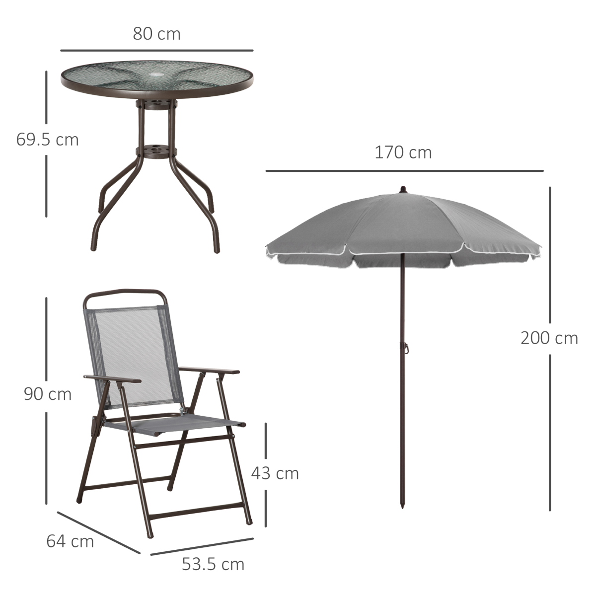 Outsunny 6-Piece Patio Dining Set with Umbrella, 4 Folding Chairs and Tempered Glass Table