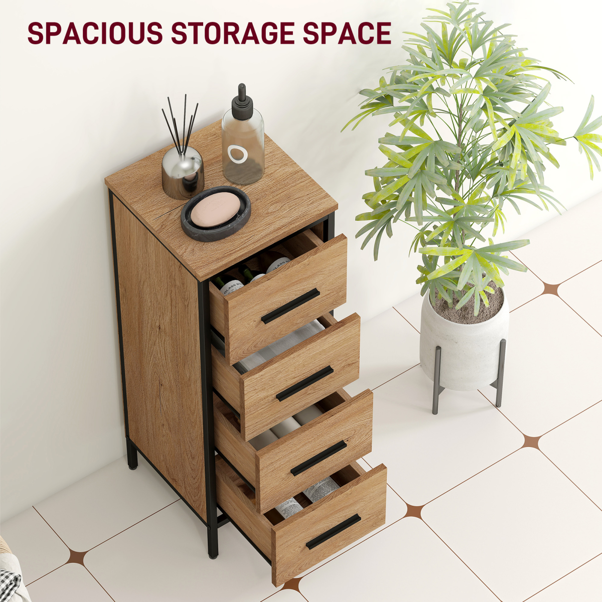 HOMCOM Narrow 4-Drawer Bathroom Storage Cabinet, Oak