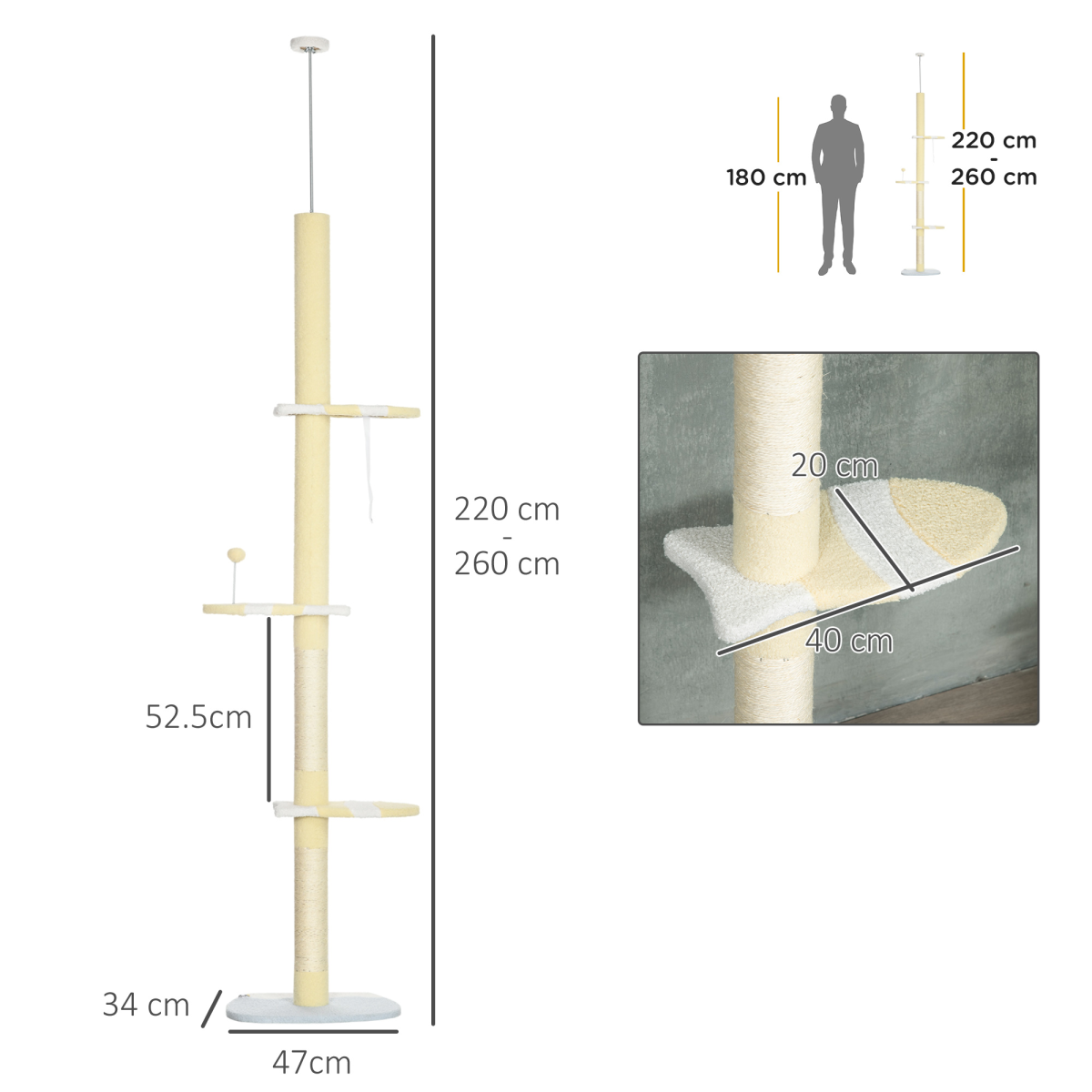 Height Adjustable Floor-to-Ceiling Cat Tree with Anti-Slip Kit - Yellow