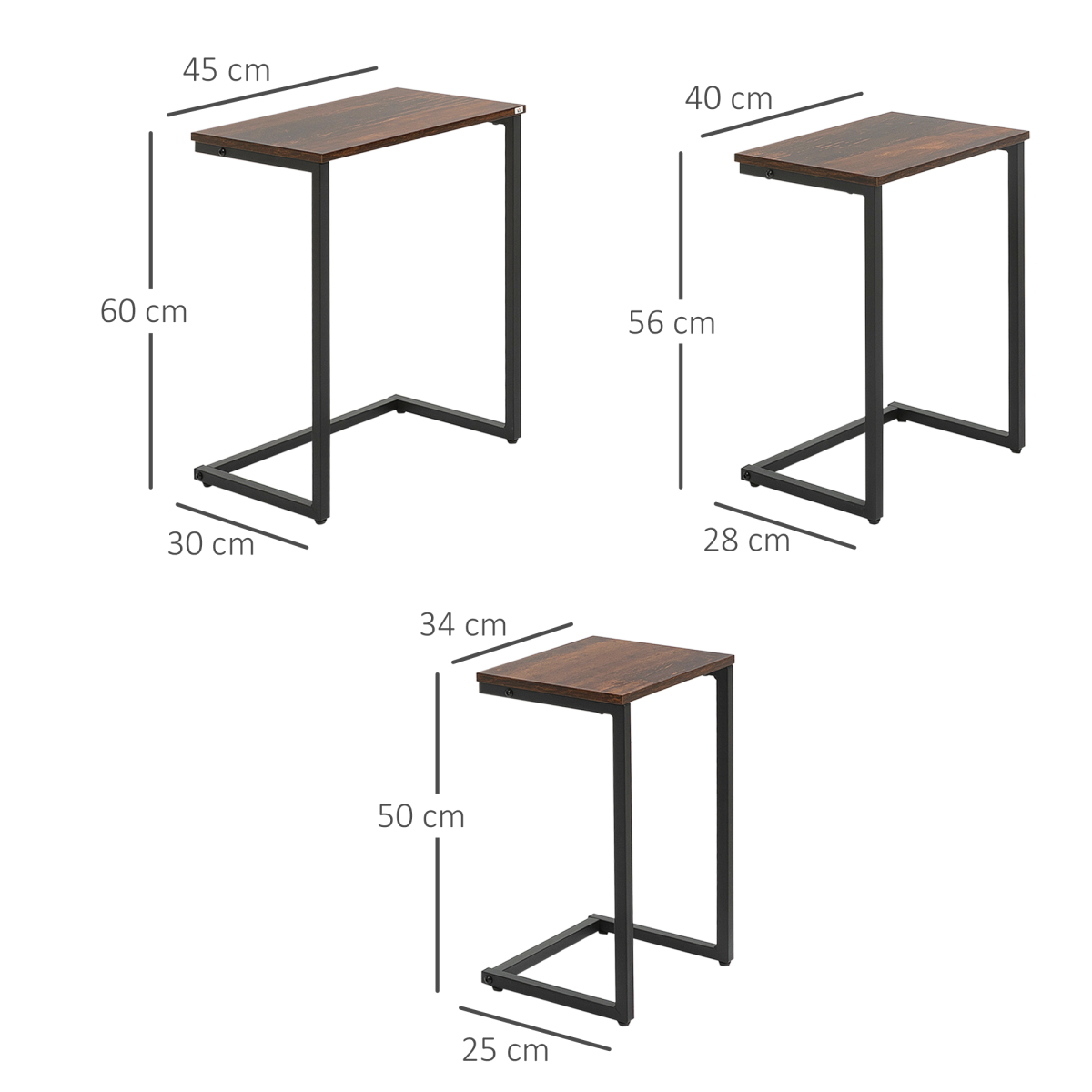 HOMCOM Set of 3 C-Shaped Nesting Tables, Steel Frame, Rustic Brown
