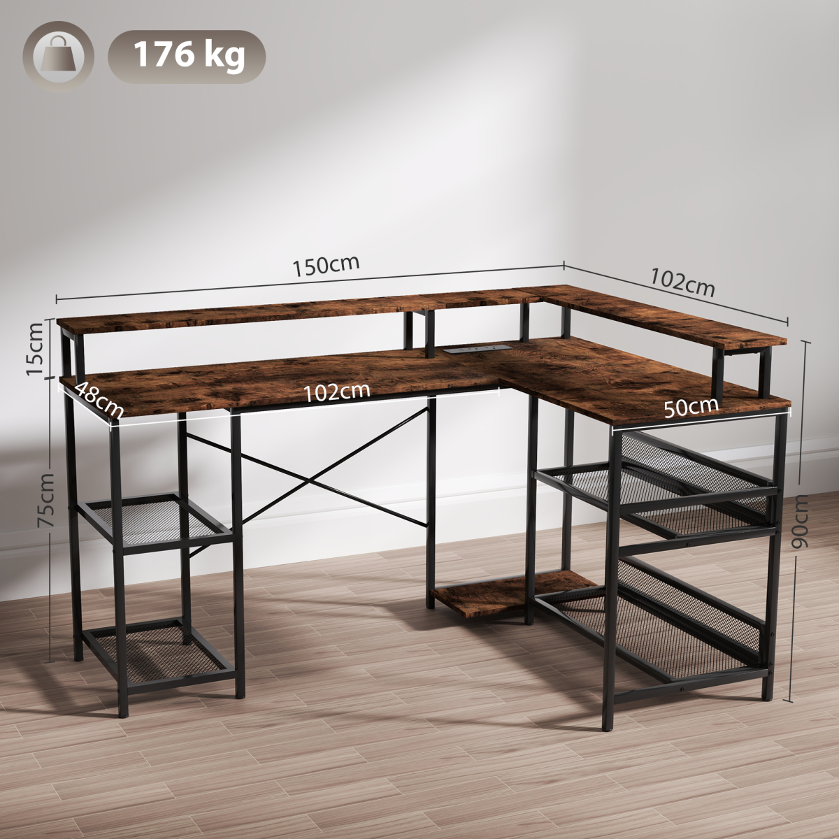 HOMCOM L-Shaped Gaming Desk with LED Lights & Power Outlets