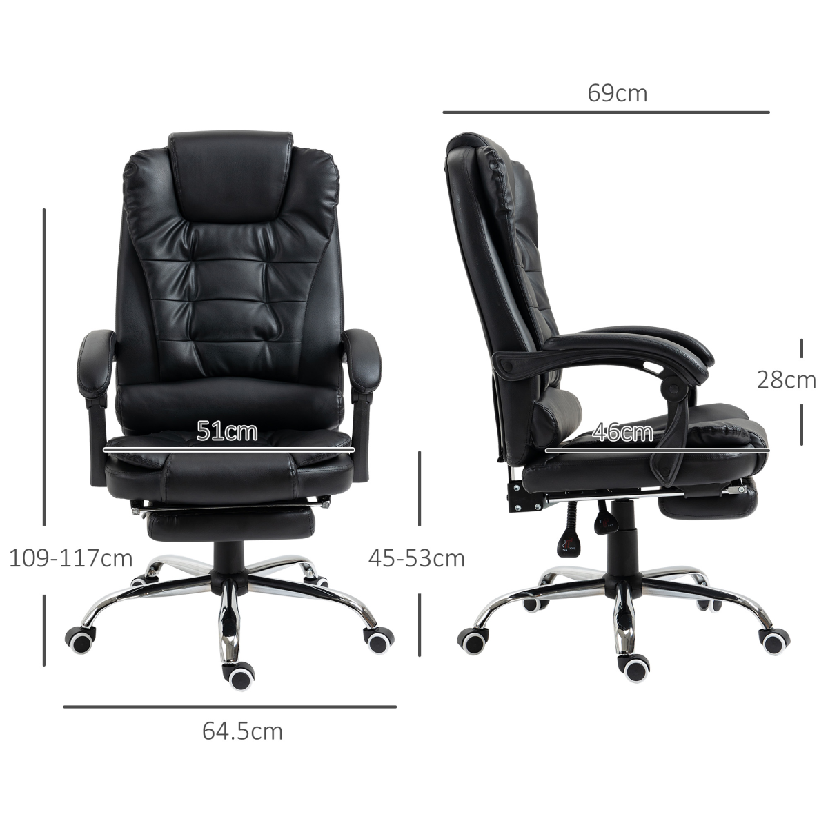 HOMCOM Black PU Leather High Back Swivel Office Chair with Reclining Back and Footrest