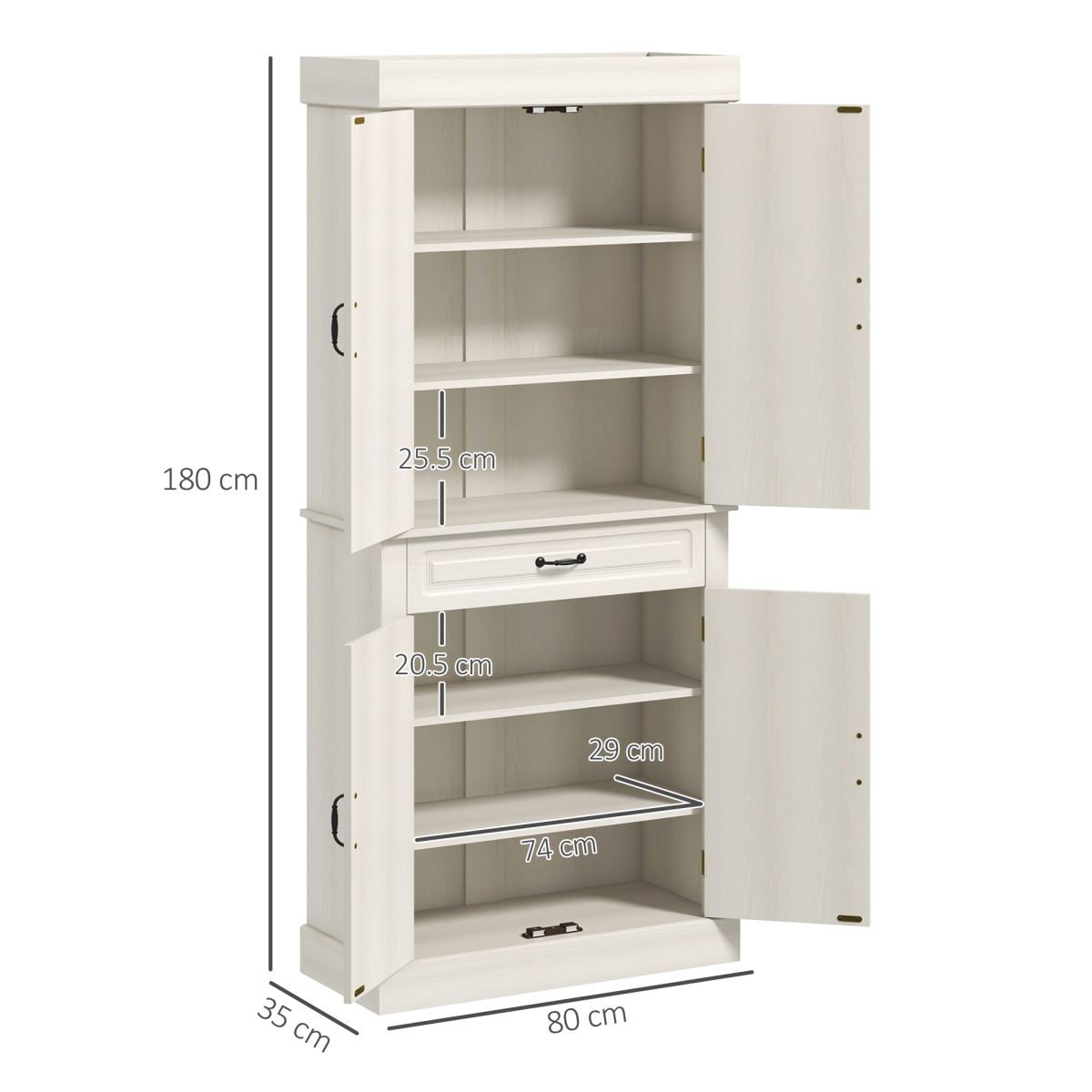 HOMCOM 180cm White Kitchen Pantry Storage Cabinet with Drawer and Double Doors