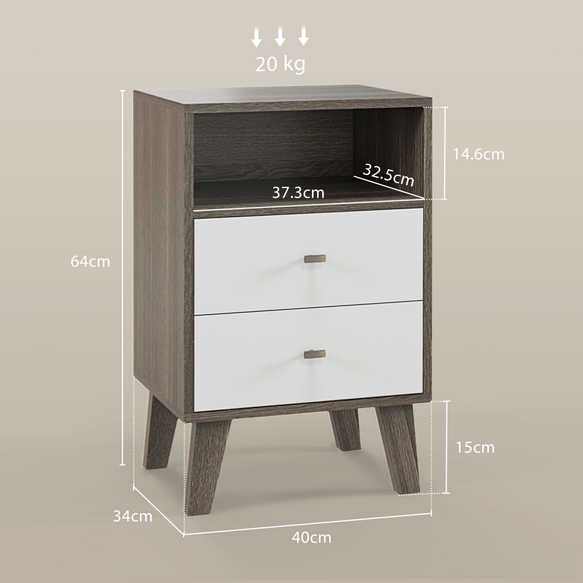 PawHut Set of 2 Bedside Tables, Nightstands with 2 Drawers & Open Cubby