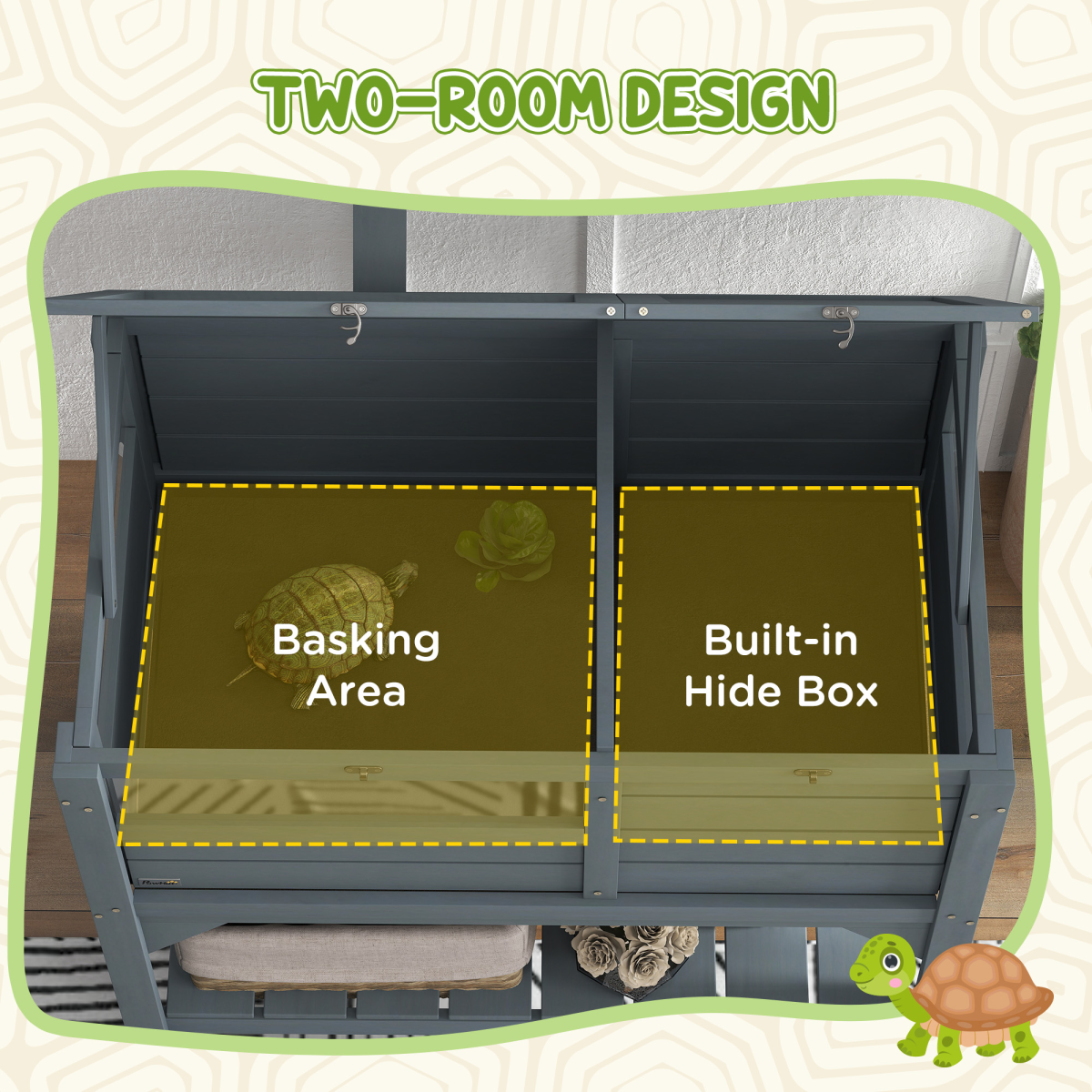 PawHut Wooden Tortoise House with Run, Hide Box, Shelf and Lamp Holder, Grey