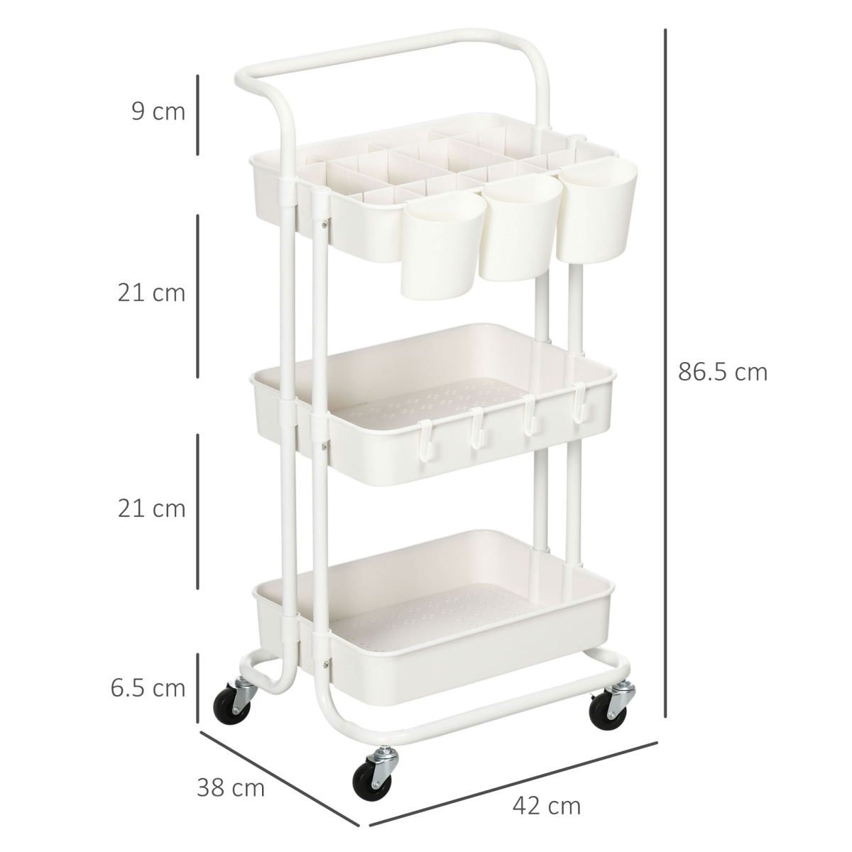 HOMCOM 3-Tier Rolling Utility Cart with Baskets and Hooks, White