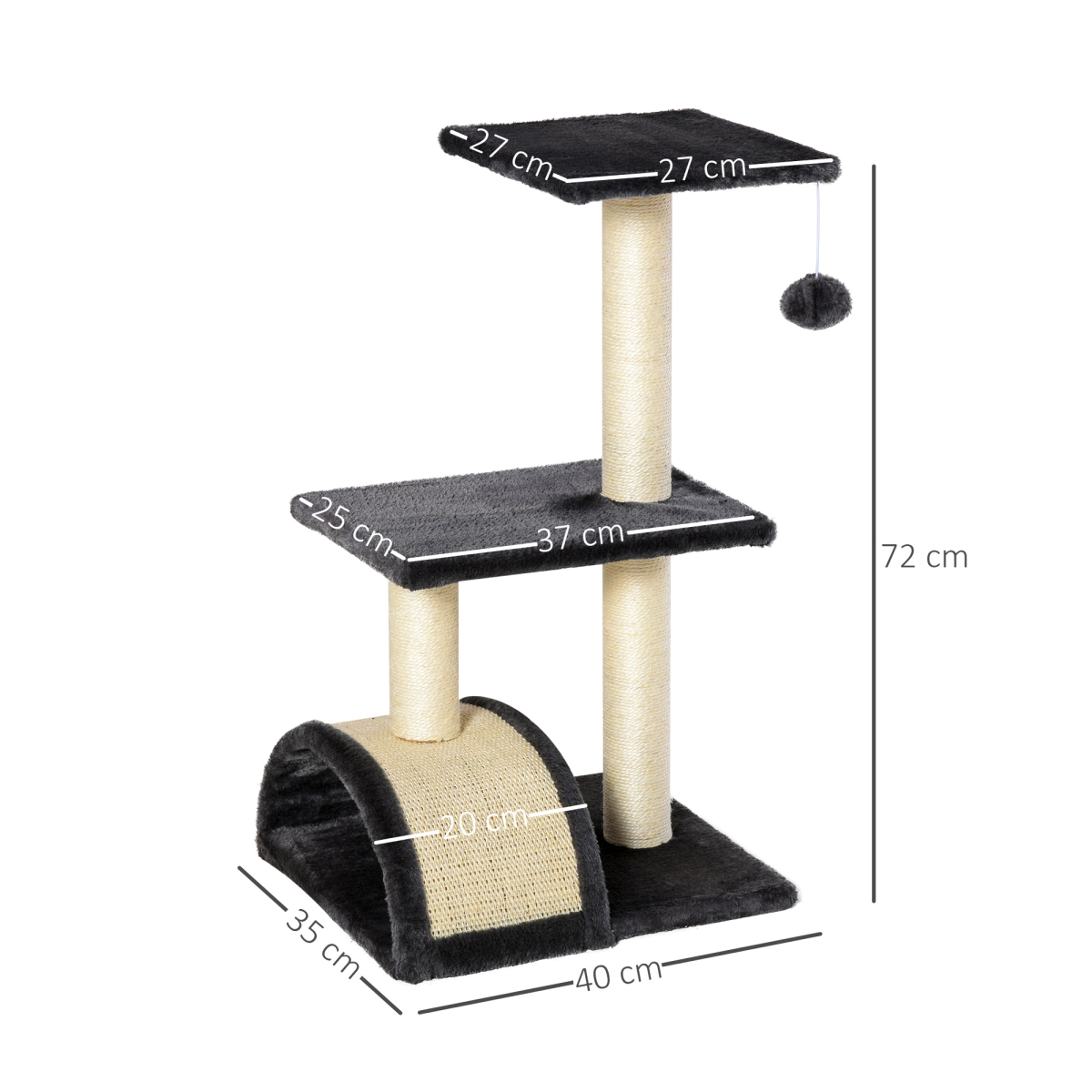 Grey Cat Tree Activity Center with Sisal Scratching Posts, Arched Scratching Pad, Perches and Hanging Play Ball