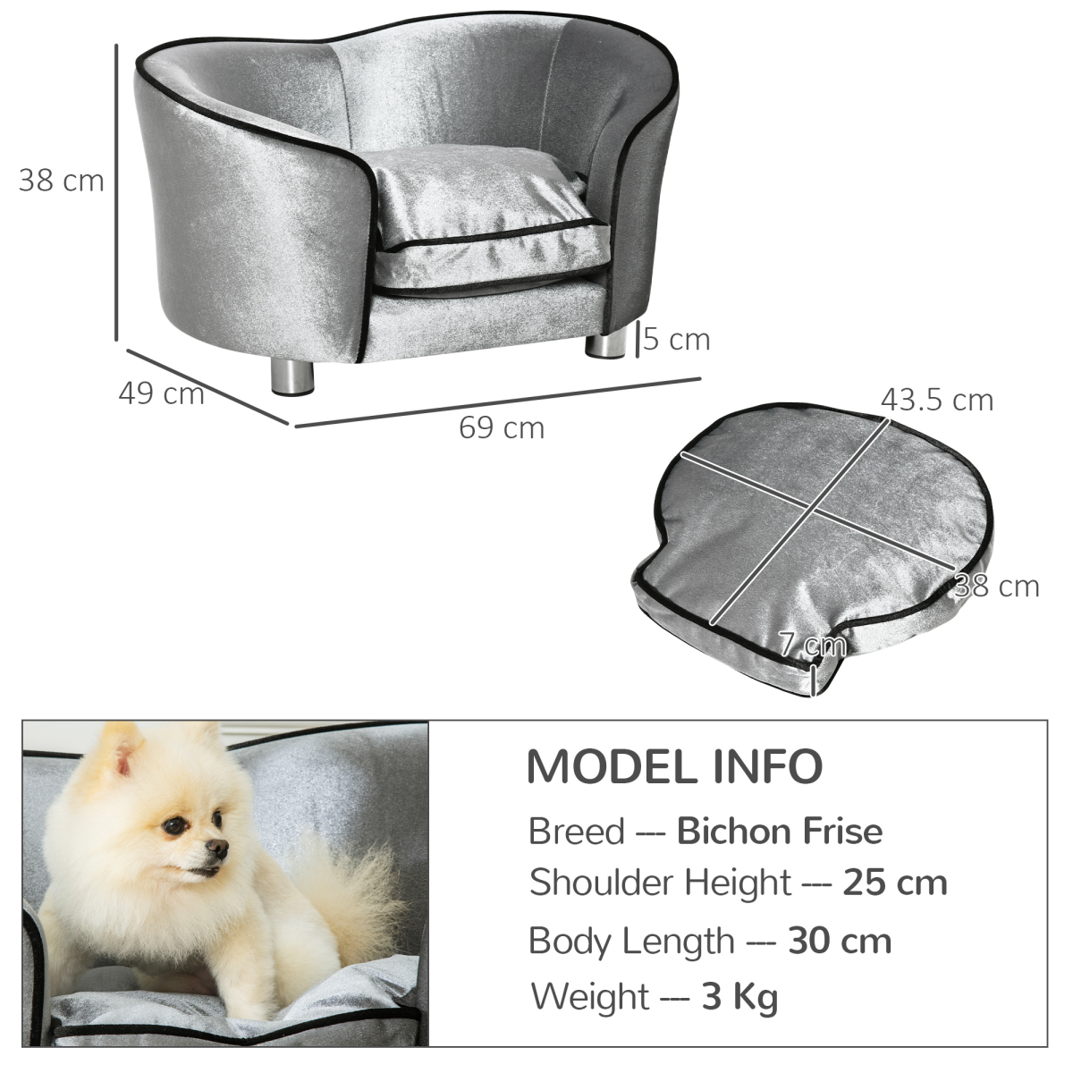 PawHut Modern Pet Sofa Bed with Removable Cushion, Storage Pocket and Non-Slip Feet for Small Dogs Under 8 kg