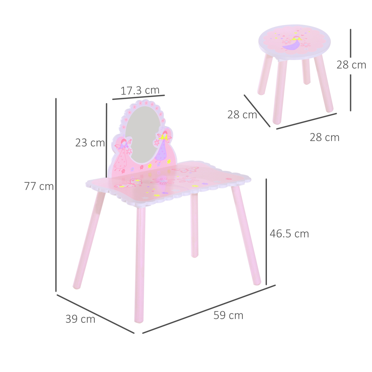 Pink Kids Dressing Table Vanity Set with Mirror and Chair, Girls Make Up Play Set