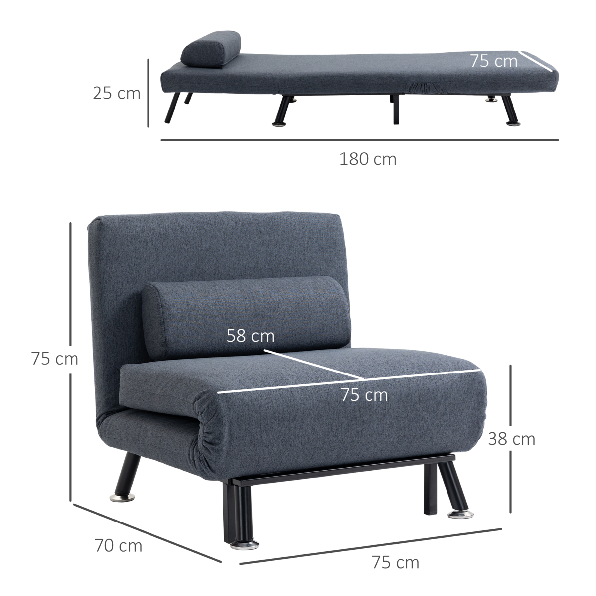 HOMCOM Black Faux Suede 5-Position Armless Futon Single Sofa Bed with Pillow