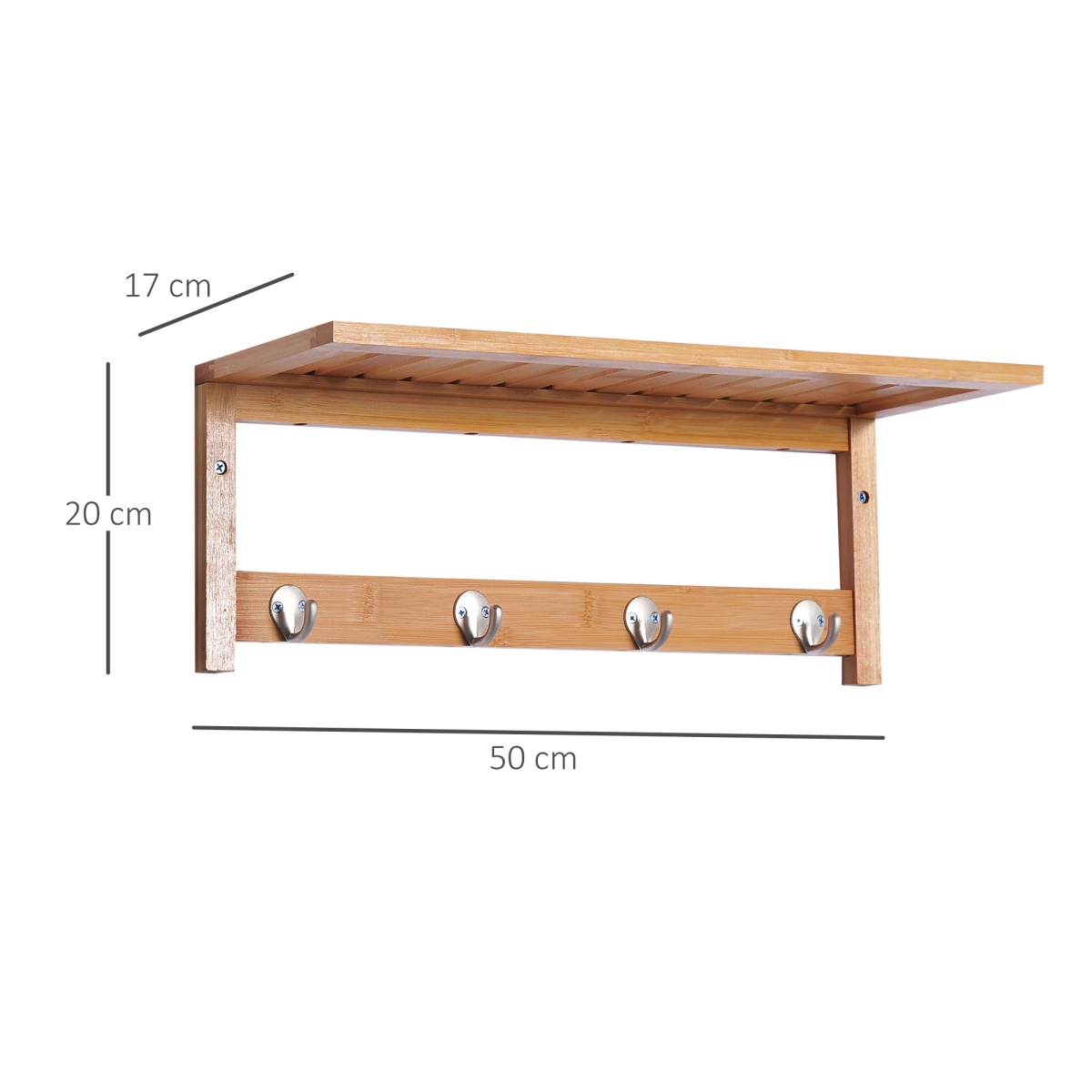 HOMCOM Wall Mounted Clothes Rack with Top Shelf and 4 Hooks, 50 x 17 x 20 cm