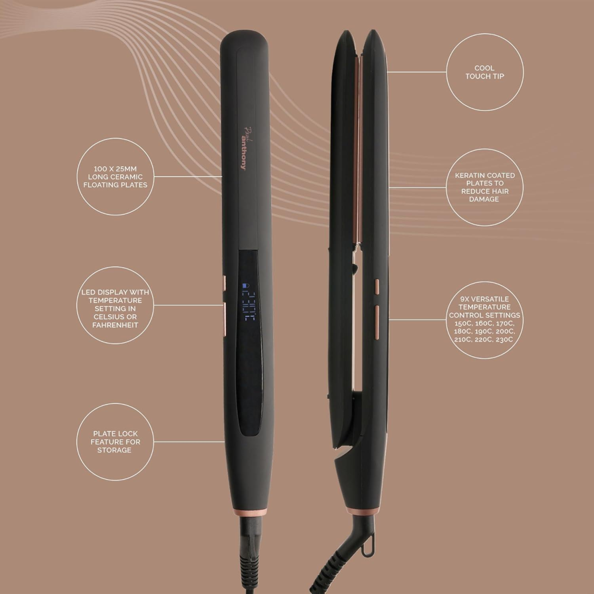 Paul Anthony Keratin Ceramic Hair Straightener with LED Display