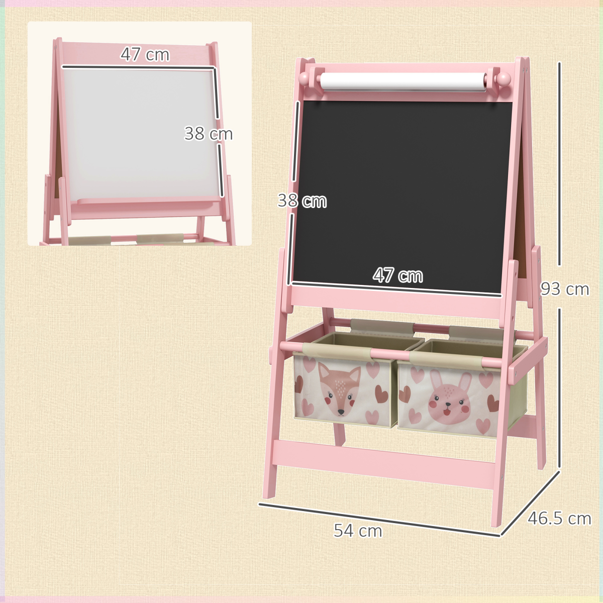 AIYAPLAY Kids 3-in-1 Easel with Paper Roll, Blackboard & Whiteboard, Pink
