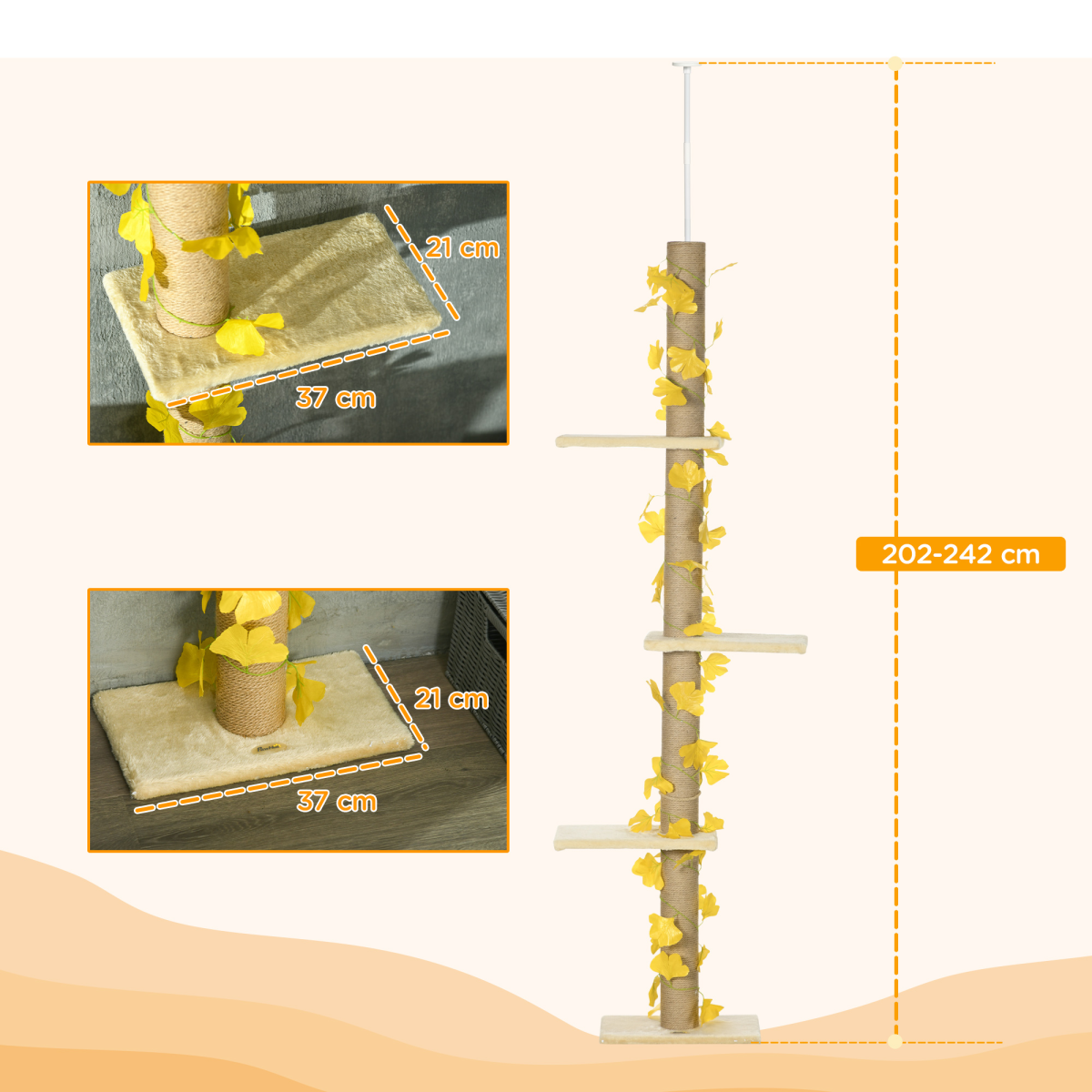PawHut Adjustable Floor-to-Ceiling Cat Tree with Anti-Slip Kit