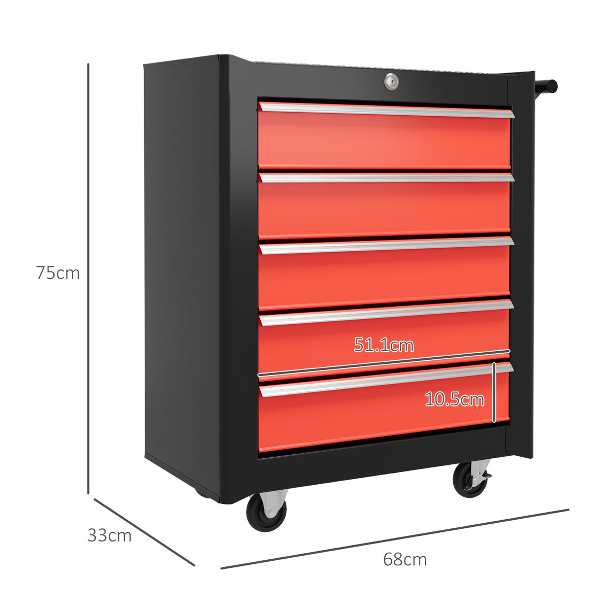 HOMCOM 5-Drawer Lockable Steel Tool Chest with Wheels, Red