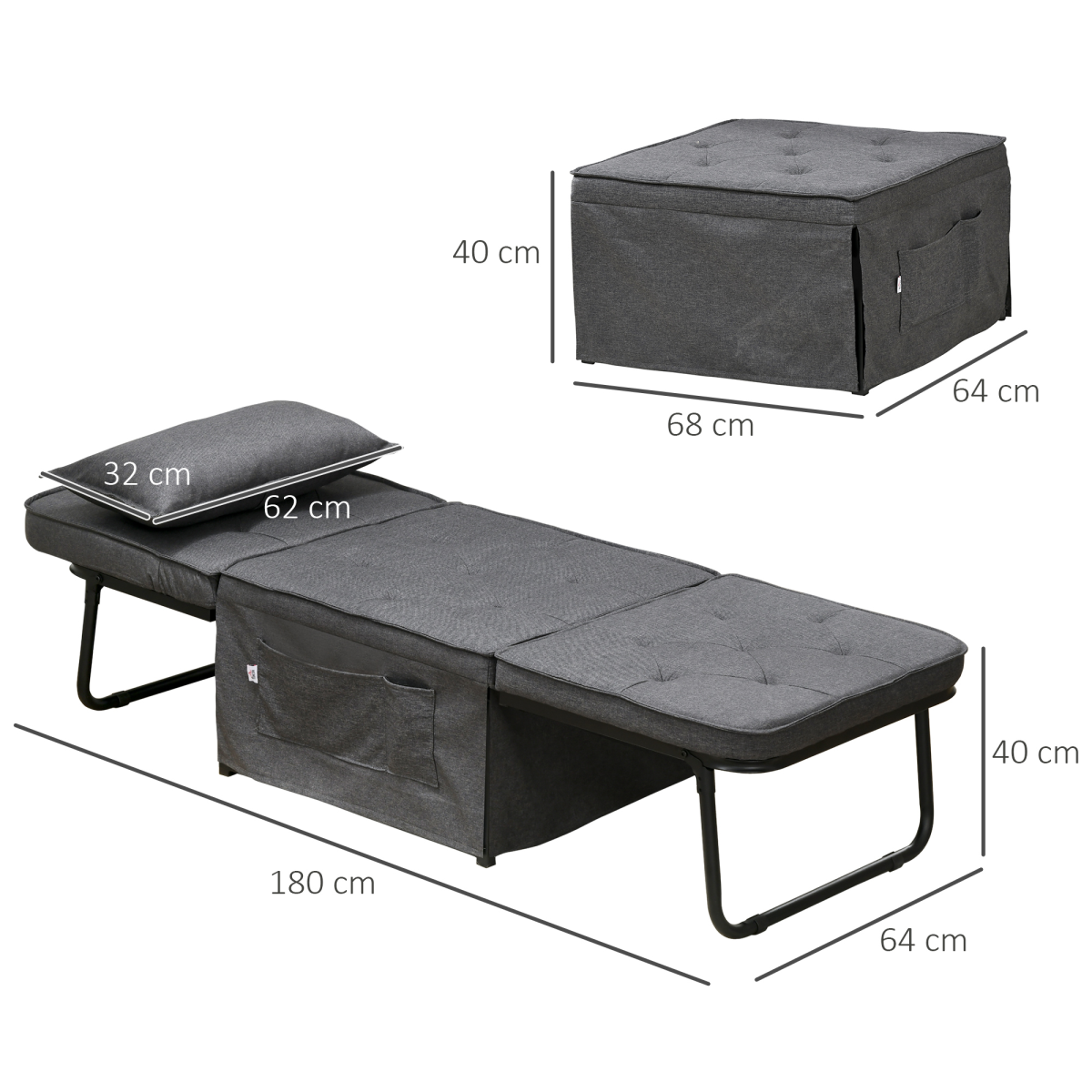 HOMCOM Folding Sleeper Chair Bed with Pillow & Side Pockets, Charcoal Grey