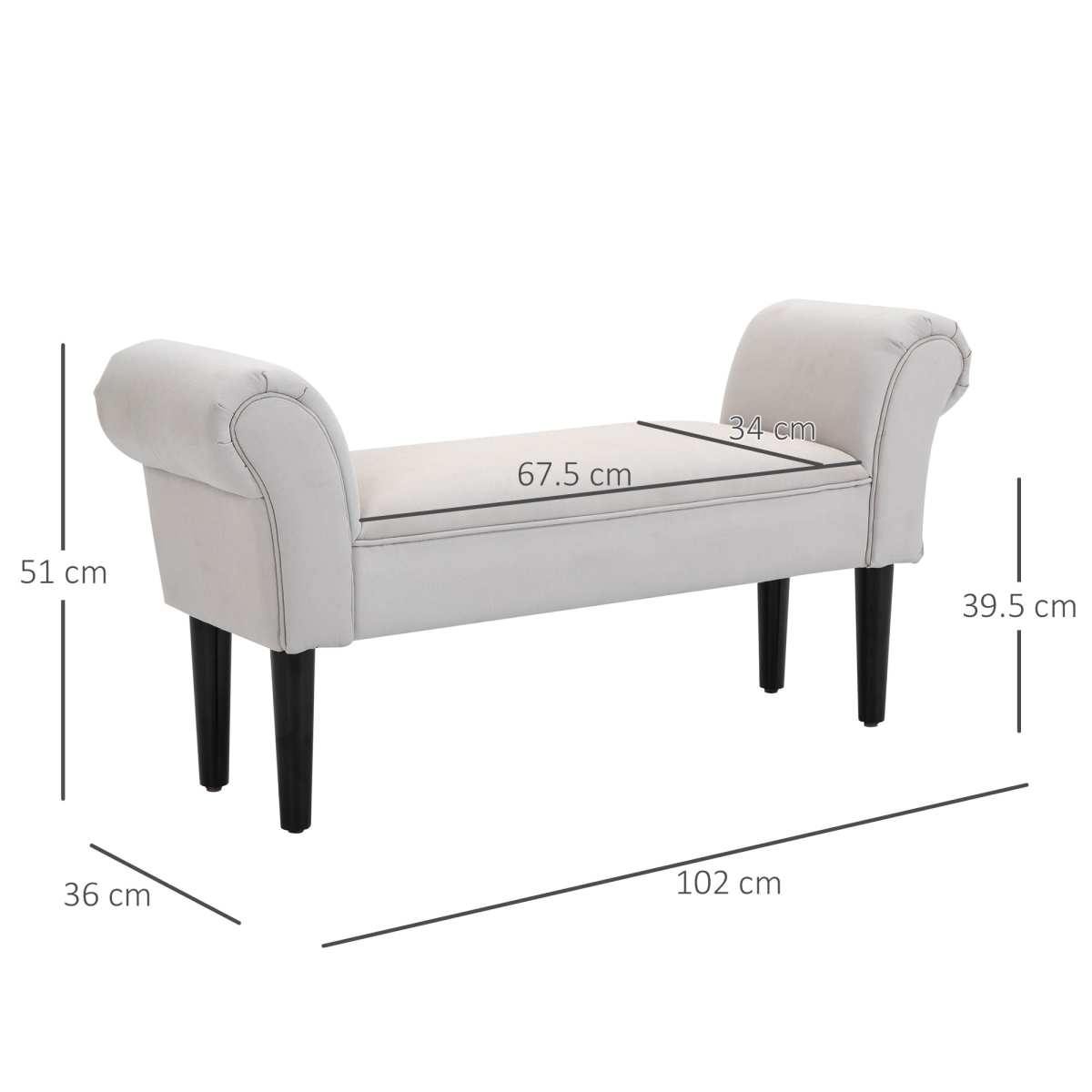 Flannelette Upholstered End Bench with Wooden Legs and Rolled Ends